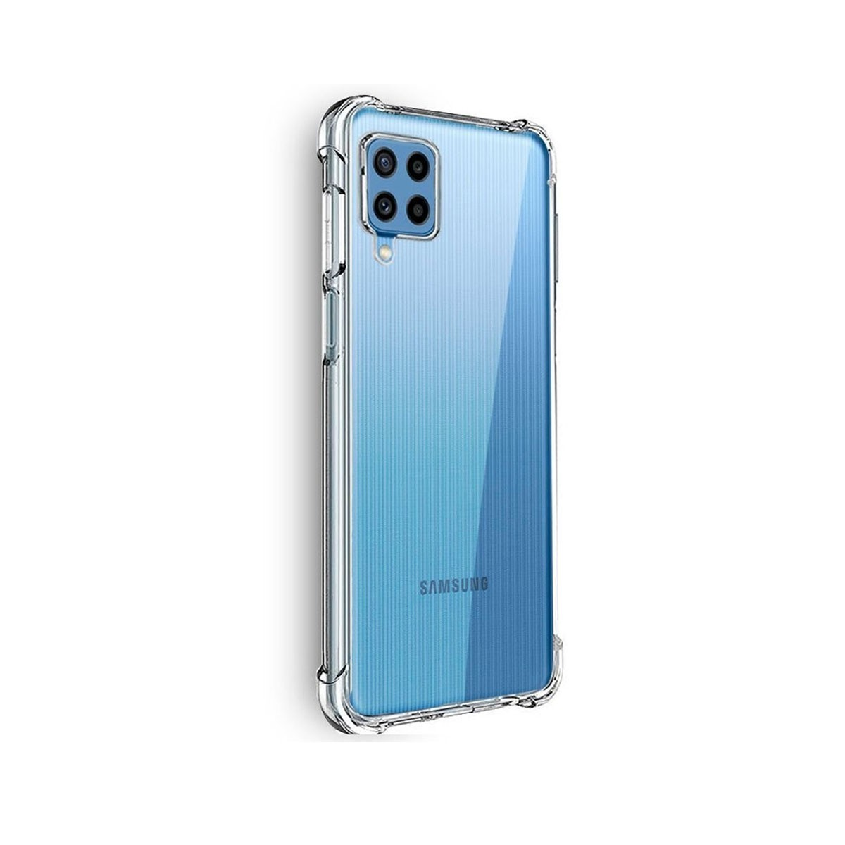 Una custodia trasparente per telefono, leggermente angolata. Ha un retro blu a fantasia e una cornice trasparente. Il logo Samsung è visibile.