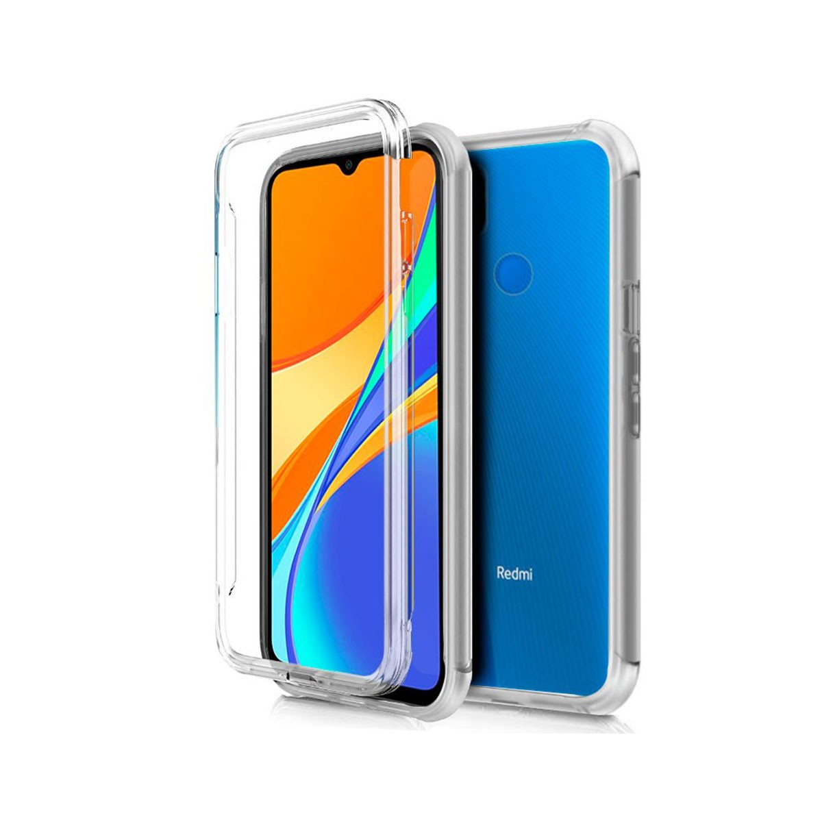 Uno smartphone con custodia trasparente è in mostra. Il telefono ha uno schermo arancione e un retro blu. Il marchio è Redmi.