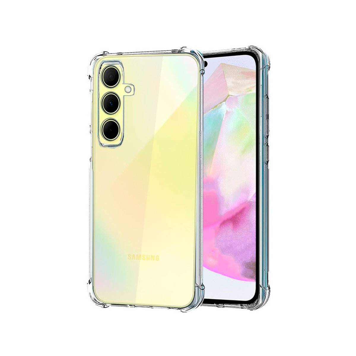 Una custodia trasparente protegge un telefono Samsung. La custodia è trasparente, mostrando la parte posteriore del telefono con le fotocamere.