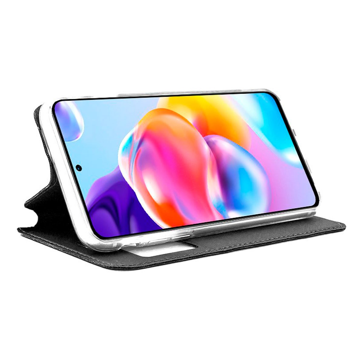 Uno smartphone in una custodia a libro. Lo schermo mostra un'immagine astratta colorata. La custodia è nera, lo sfondo è bianco.