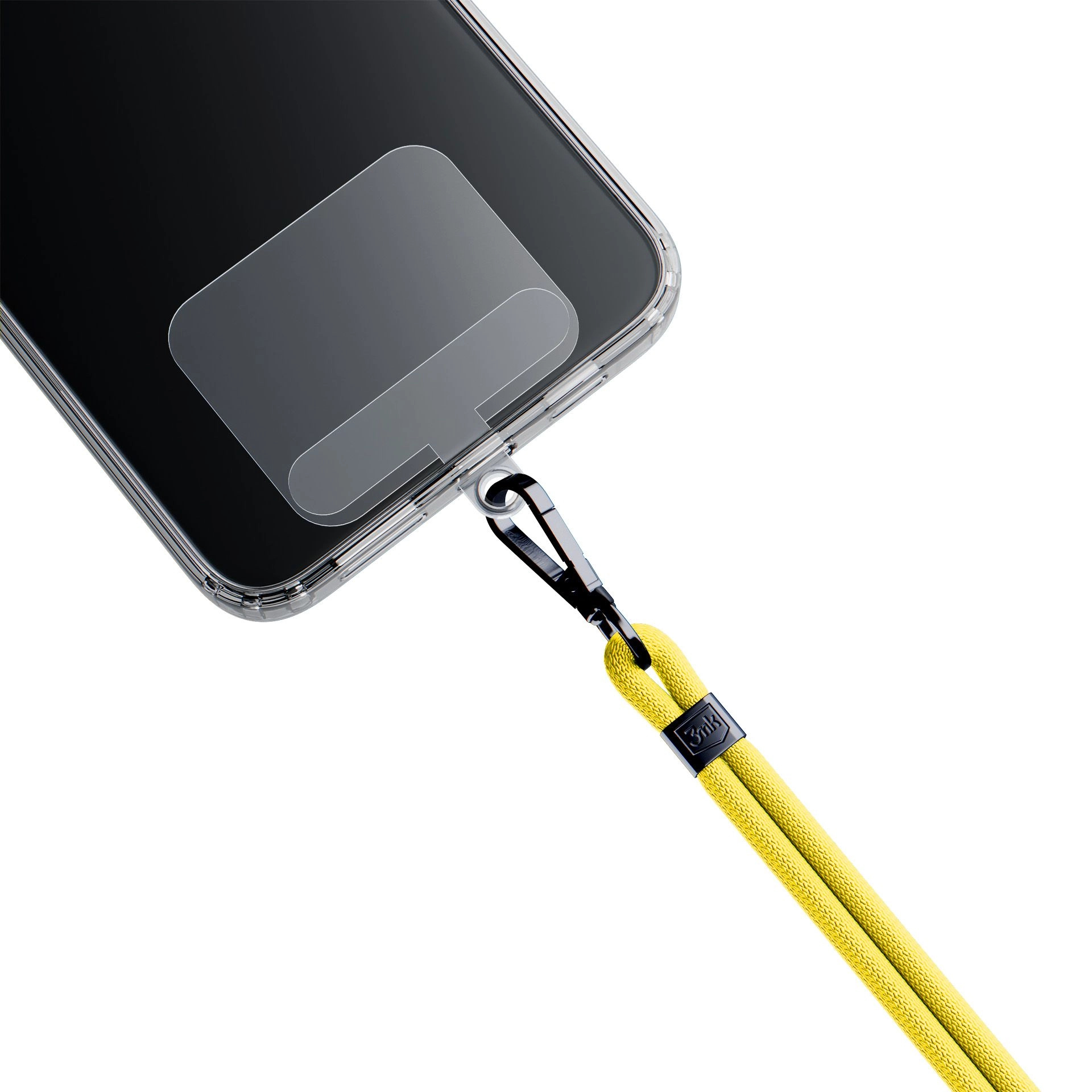 Un telefono in una custodia trasparente con un cordino giallo. Il telefono è nero. Un fermaglio di metallo nero collega il cordino.