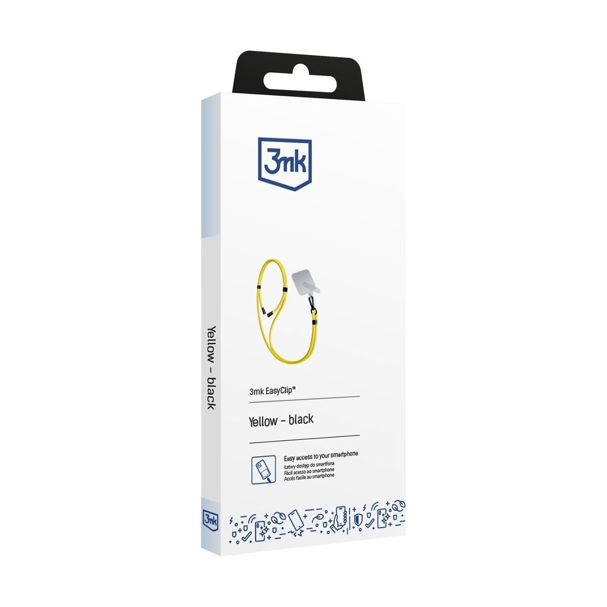 Una scatola bianca con un accessorio per telefono giallo e nero. La scatola presenta il logo del marchio e testo in più lingue.