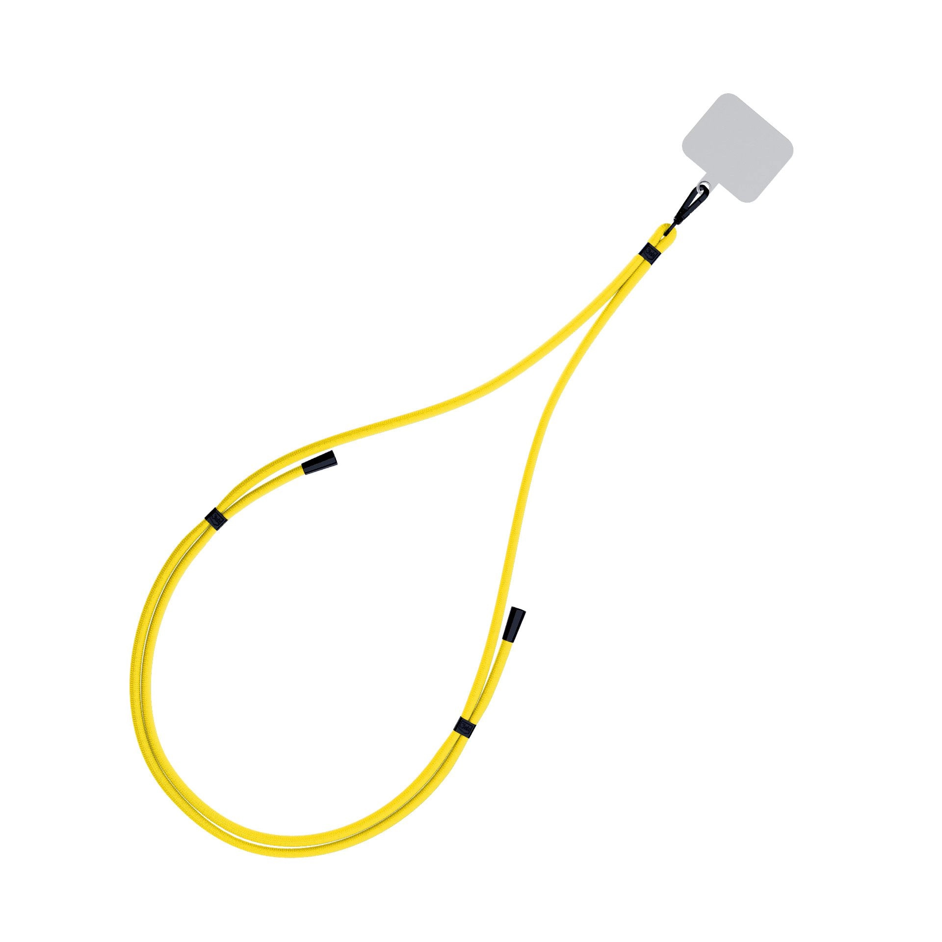 Un cordino giallo con un supporto per telefono grigio. Clip neri fissano il cavo. Lo sfondo è bianco.