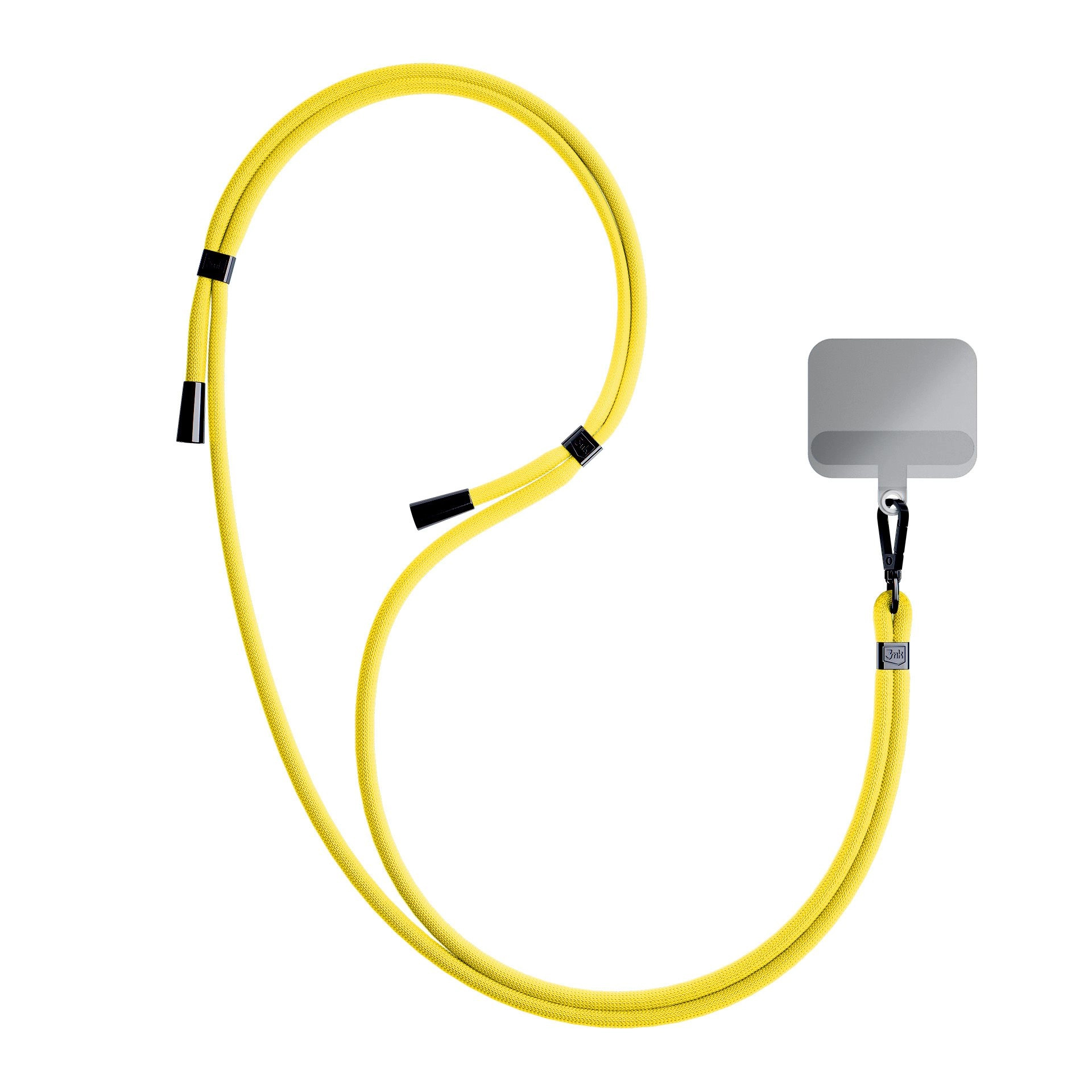 Lanyard giallo per telefono con dettagli neri e supporto grigio per telefono, isolato su sfondo bianco.