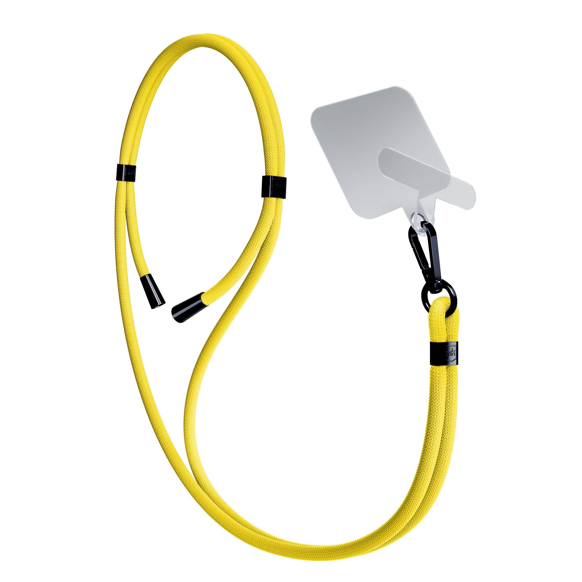 Lanyard giallo per telefono con dettagli neri e supporto trasparente per telefono su sfondo bianco.