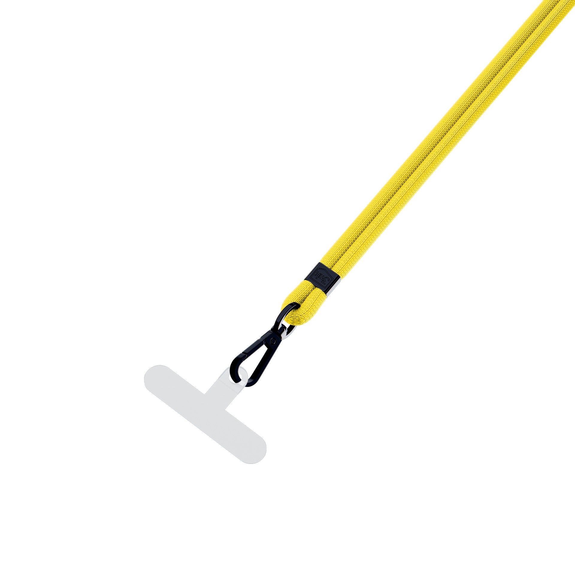 Lanyard giallo con clip nera e porta badge bianco su sfondo bianco.