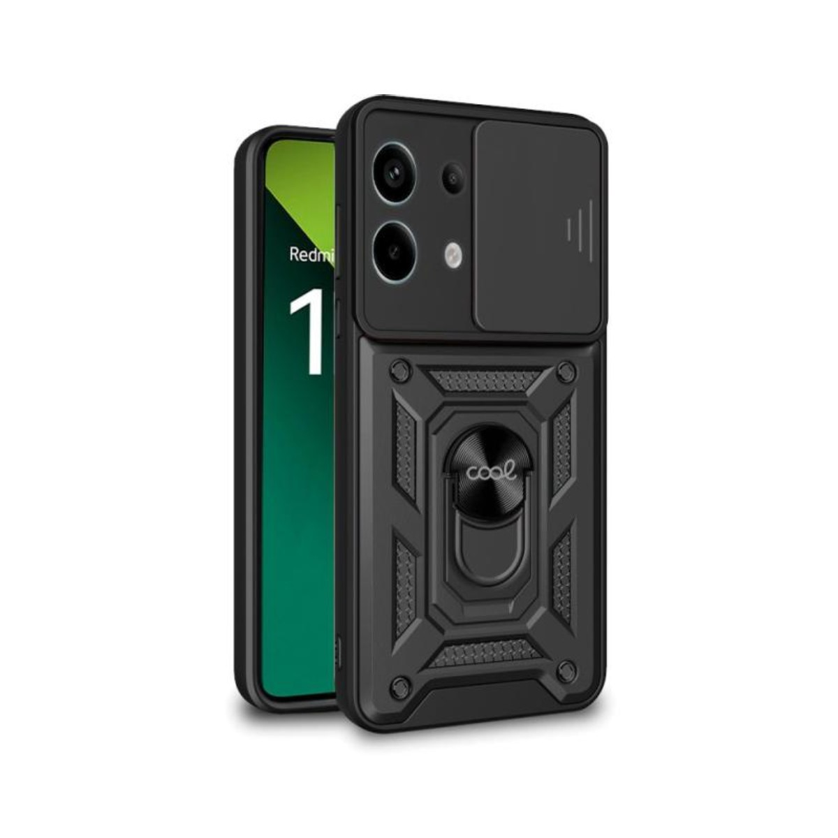 Una custodia nera per telefono con un telefono all'interno. La custodia ha una copertura per la fotocamera e un supporto ad anello. Il telefono mostra il numero 1 e uno sfondo verde.