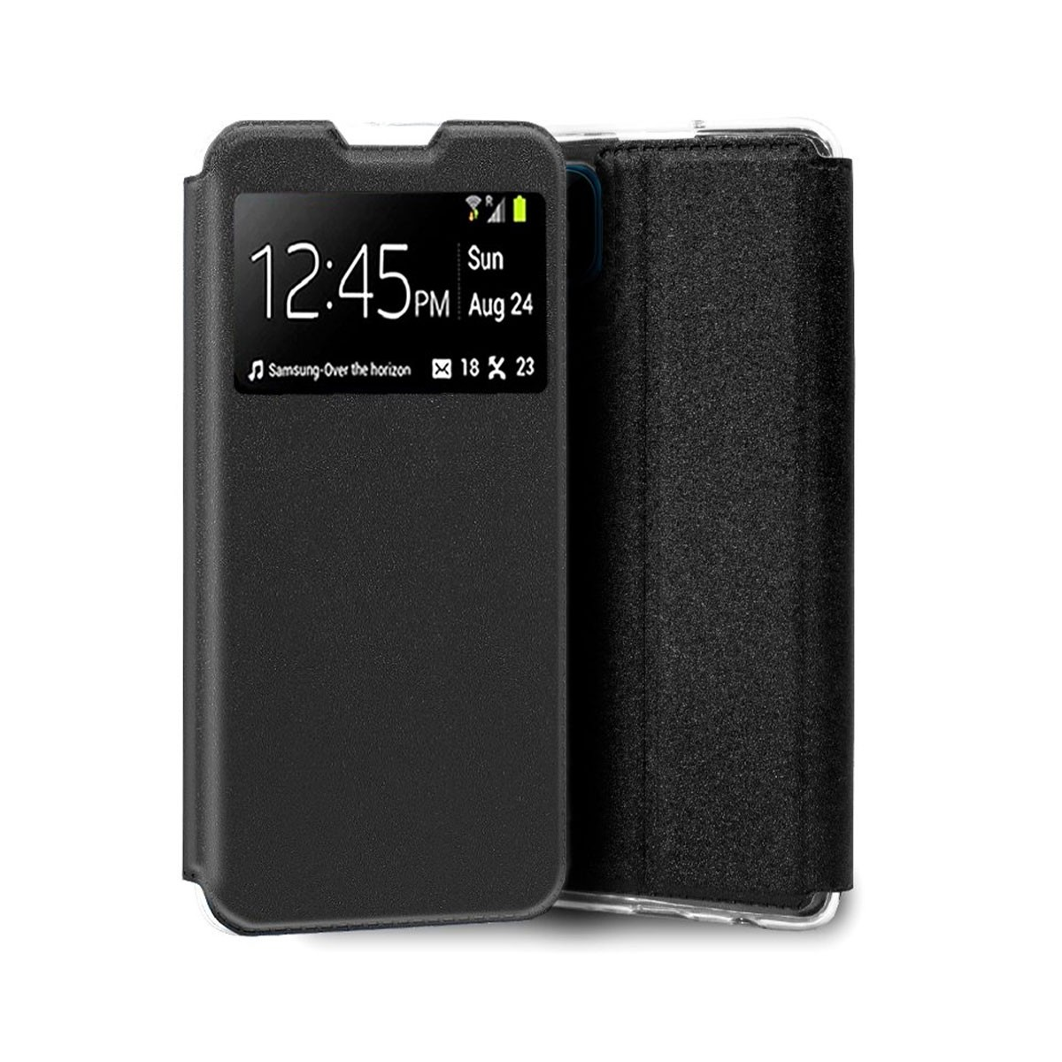 Custodia per telefono nera con display che mostra ora, data e altro. La custodia è aperta.