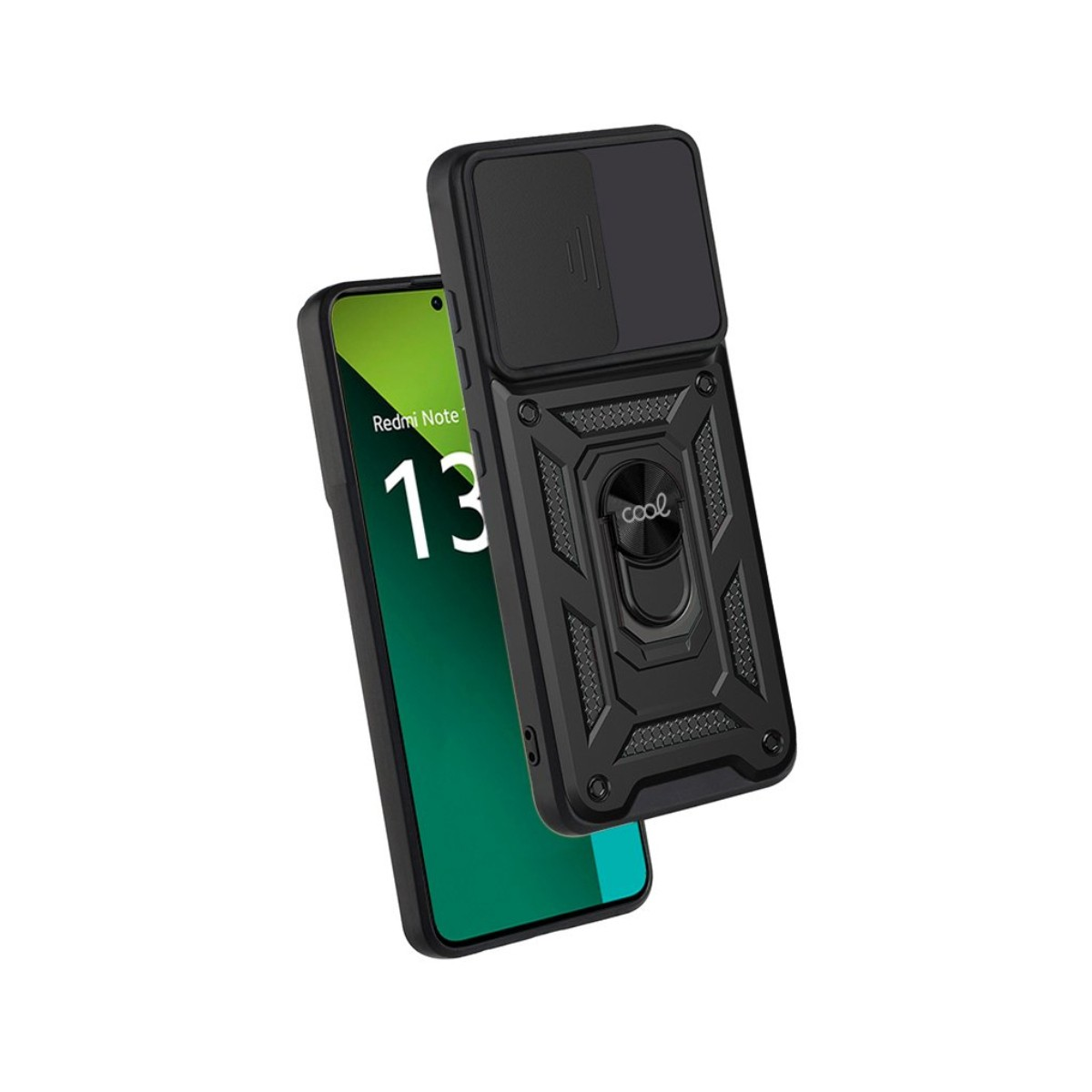 Una custodia per telefono con copertura nera e supporto ad anello. Il telefono mostra il numero 13 sullo schermo. Lo sfondo è bianco.