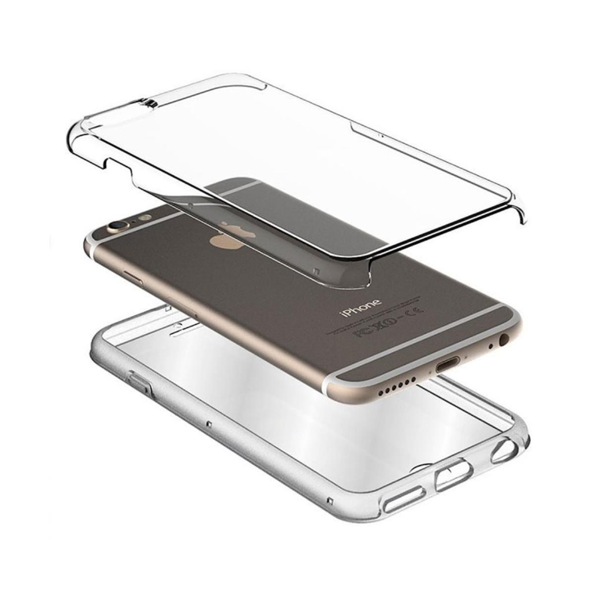 Un iPhone con custodie protettive trasparenti. Il telefono è grigio con bordo dorato. Le custodie sono trasparenti e a strati.