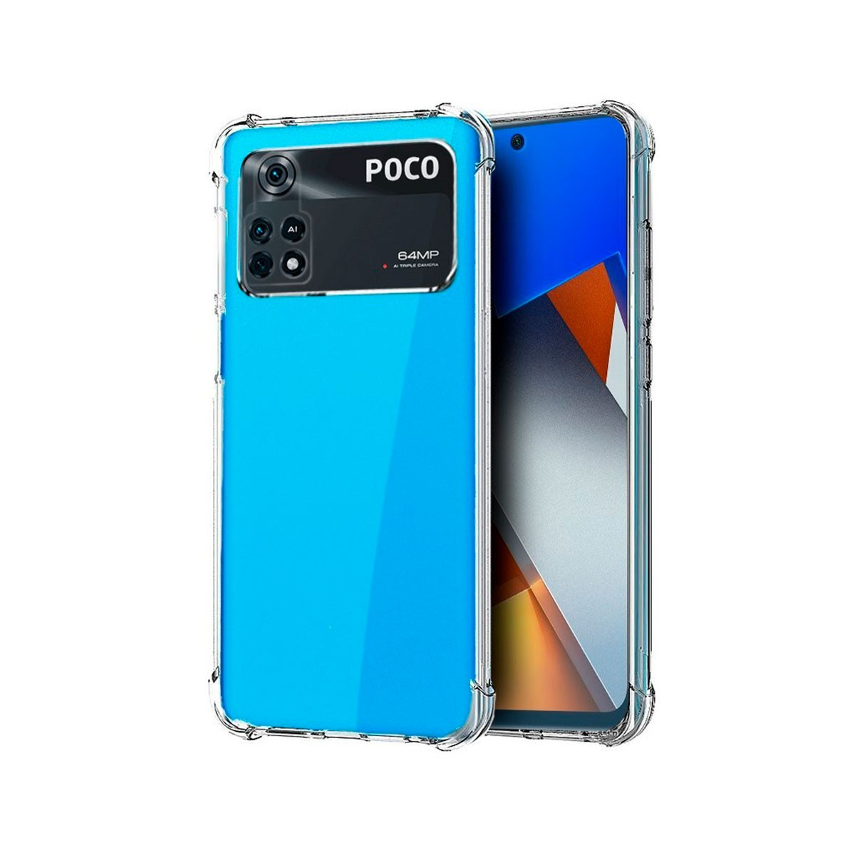 Uno smartphone blu in una custodia trasparente. Il telefono ha un modulo fotocamera nero e il marchio POCO è visibile.