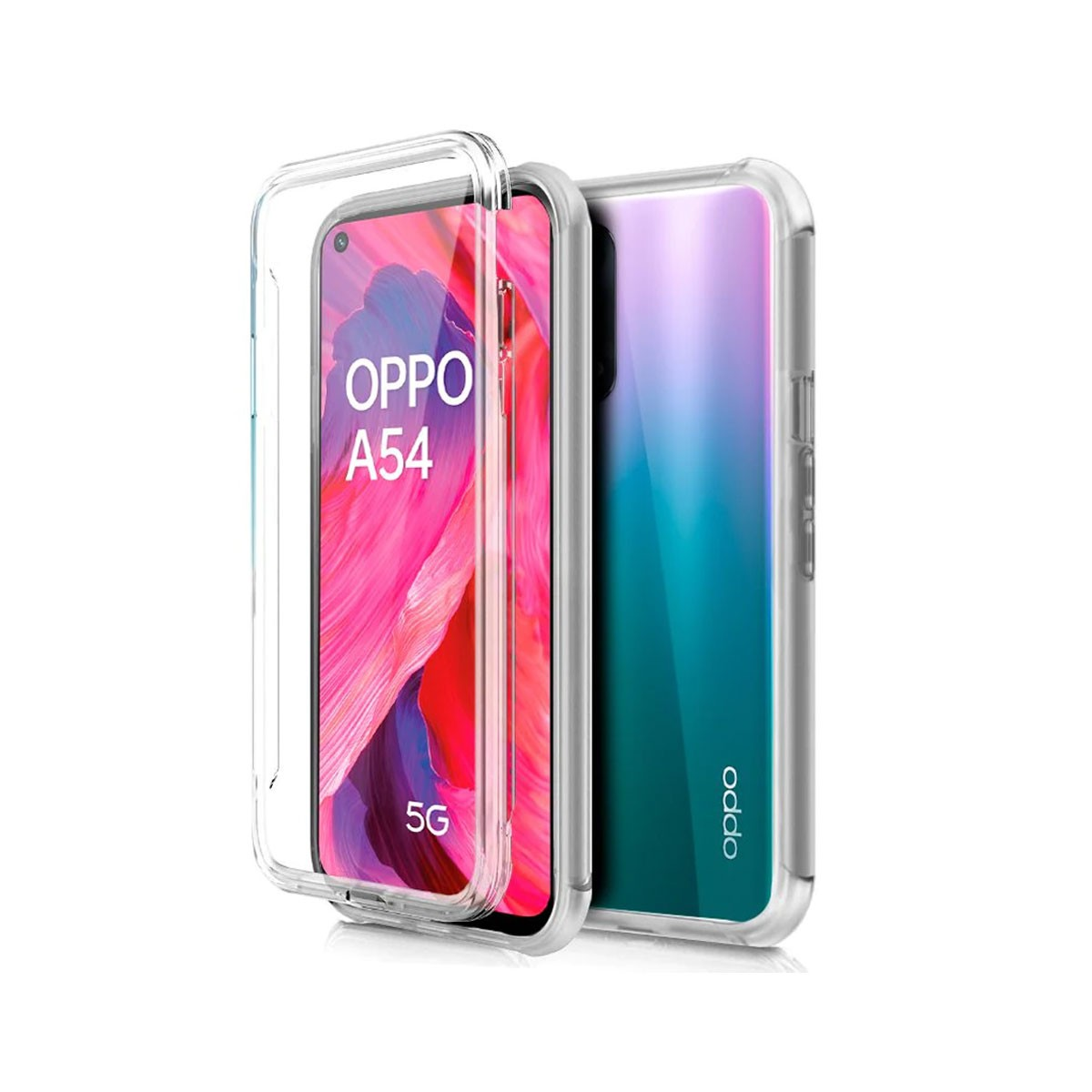 Due telefoni OPPO A54 in custodie trasparenti. Lo schermo mostra il logo OPPO. Uno ha una sfumatura rosa e rossa, l'altro blu e viola.
