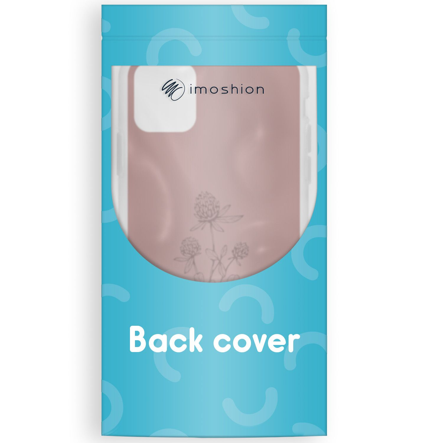 Une coque arrière de téléphone dans un emballage bleu. La coque a un motif floral et le mot 'imoshion'. Le texte 'Back cover' est présent.