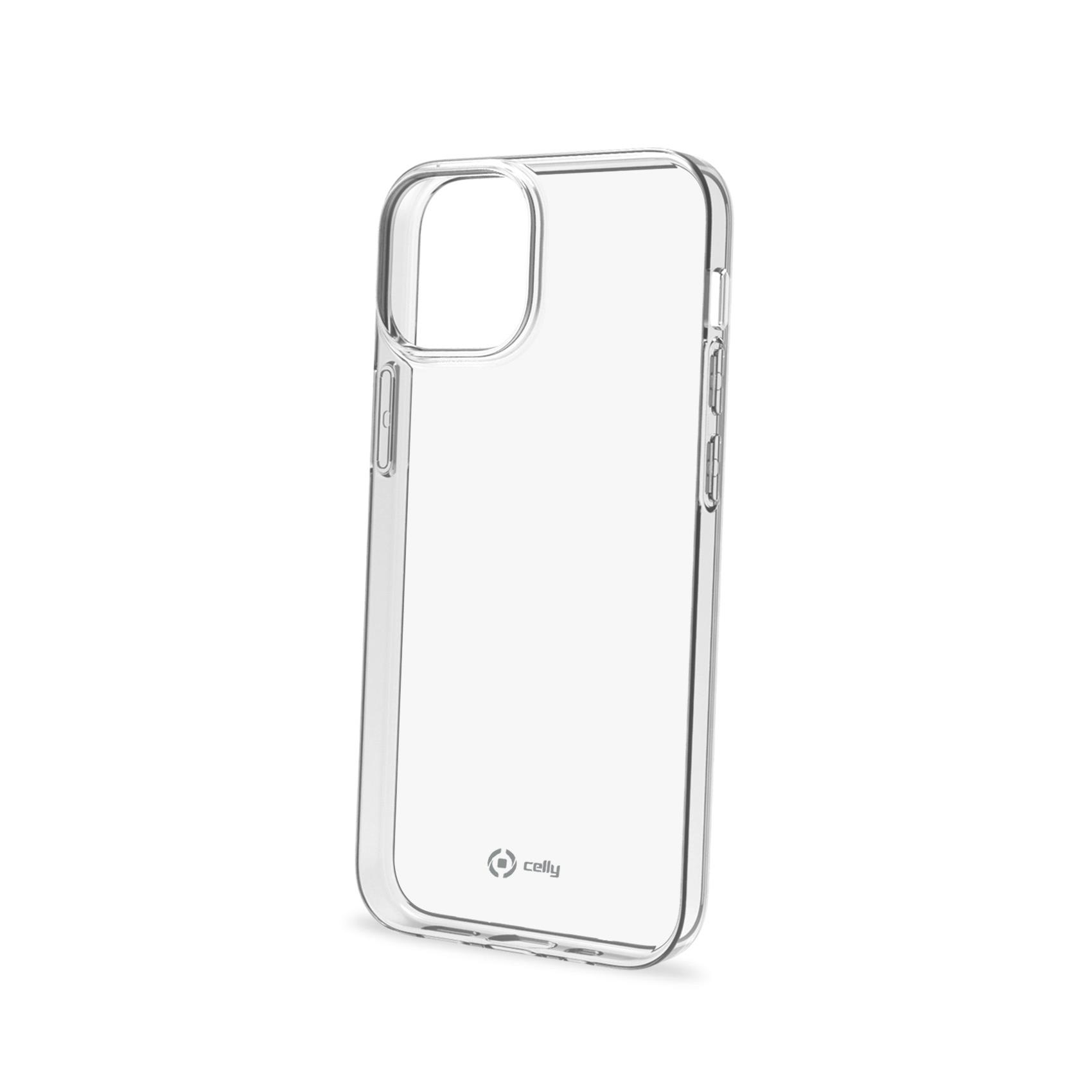 Una custodia trasparente per iPhone è in piedi su sfondo bianco. La custodia ha bordi arrotondati e un logo.