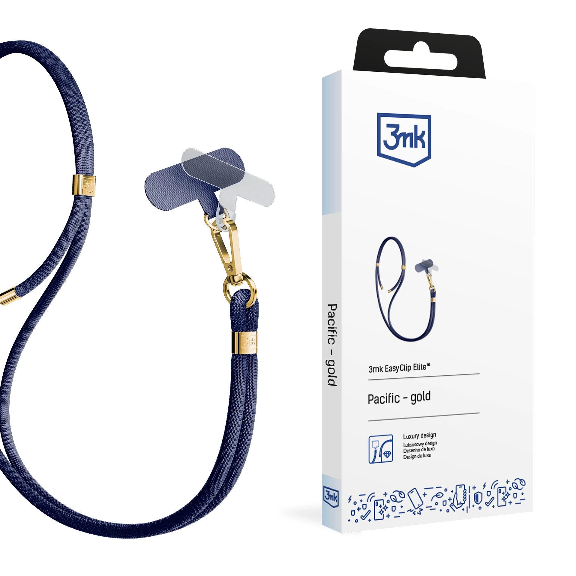 Un cinturino per telefono blu navy con dettagli dorati e una scatola bianca con '3mk EasyClip Elite'.