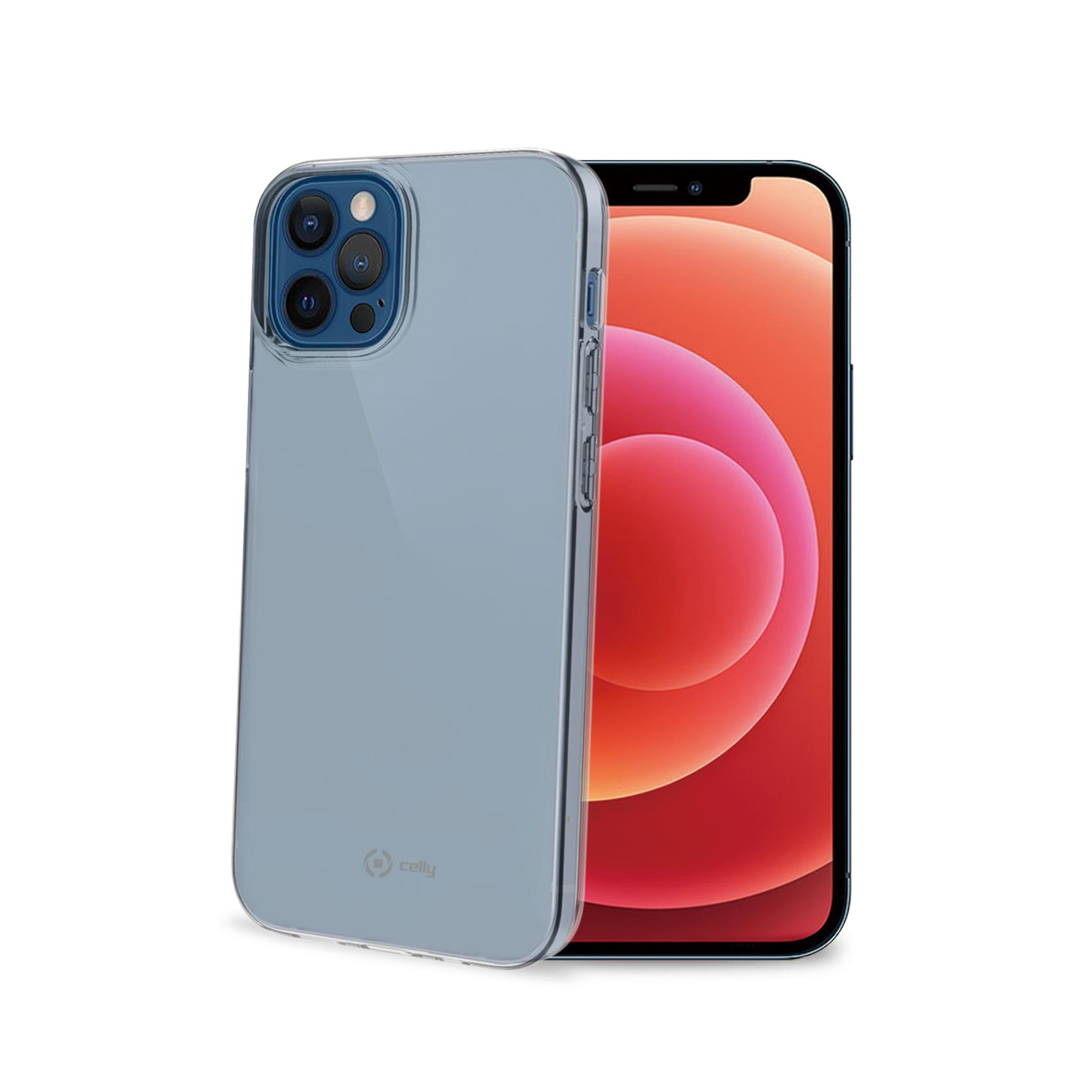 Un iPhone in una custodia trasparente. Lo schermo mostra una sfumatura rossa e arancione. La custodia ha un ritaglio per la fotocamera.