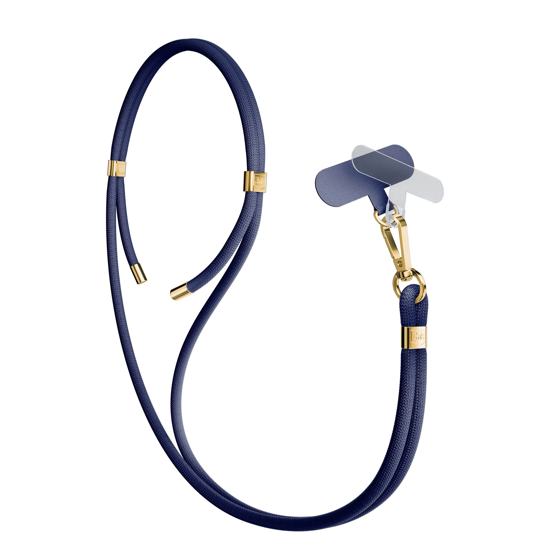 Un cordino per telefono blu navy con dettagli dorati. Contiene una custodia per telefono. Lo sfondo è bianco.