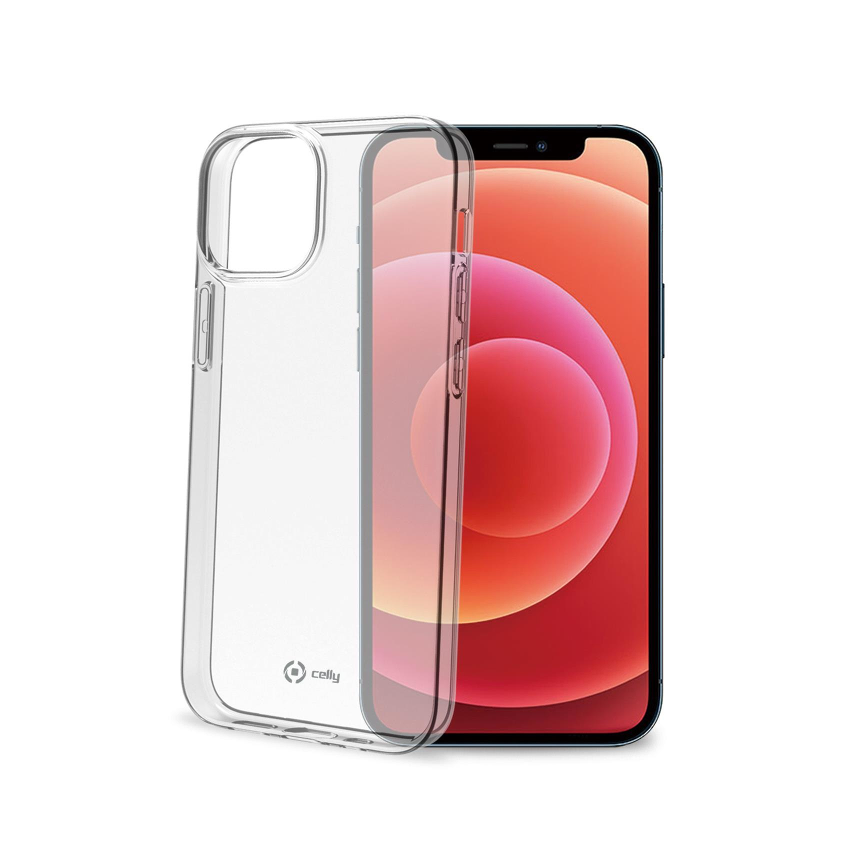 Una custodia trasparente per telefono accanto a uno smartphone con schermo rosso e rosa. La custodia ha il logo 'celly'.