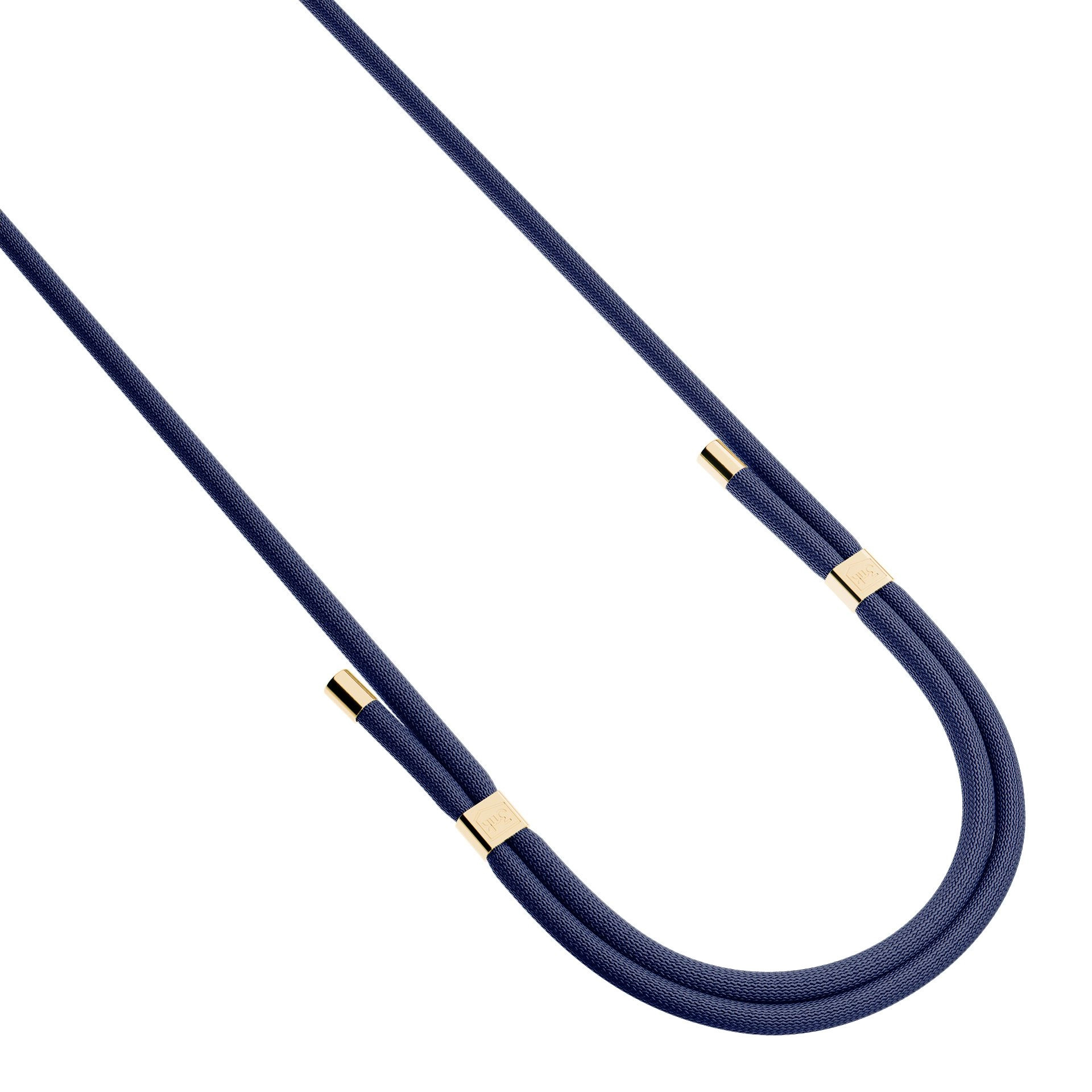 Un cinturino blu navy per telefono con dettagli dorati, su sfondo bianco. Il cinturino ha la forma di un otto.