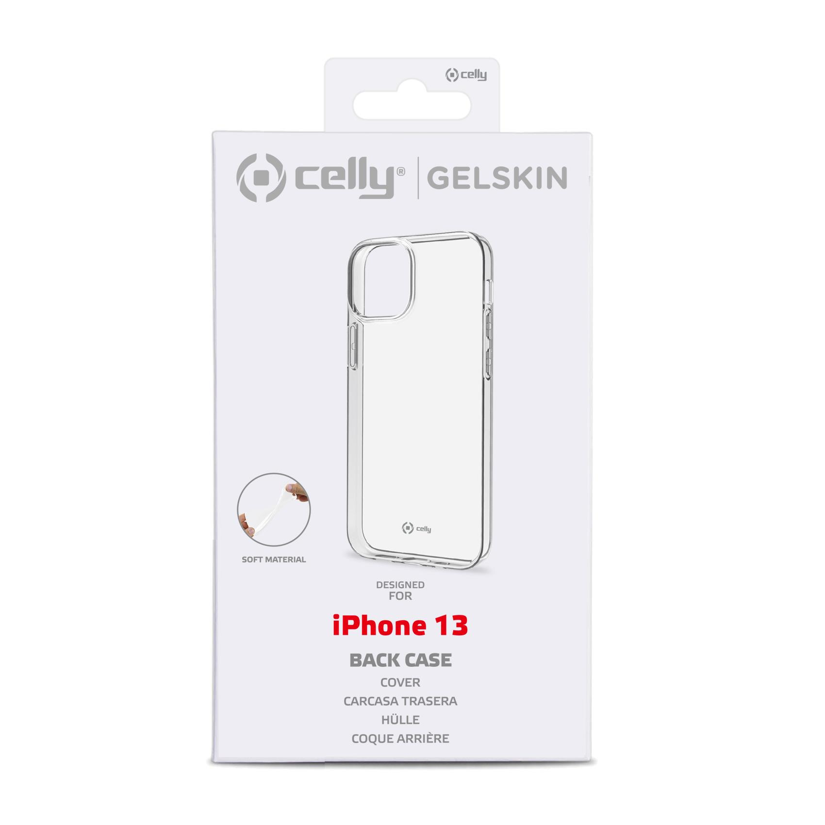 Una scatola bianca con una custodia trasparente per telefono. È progettato per iPhone 13. Il marchio è Celly.