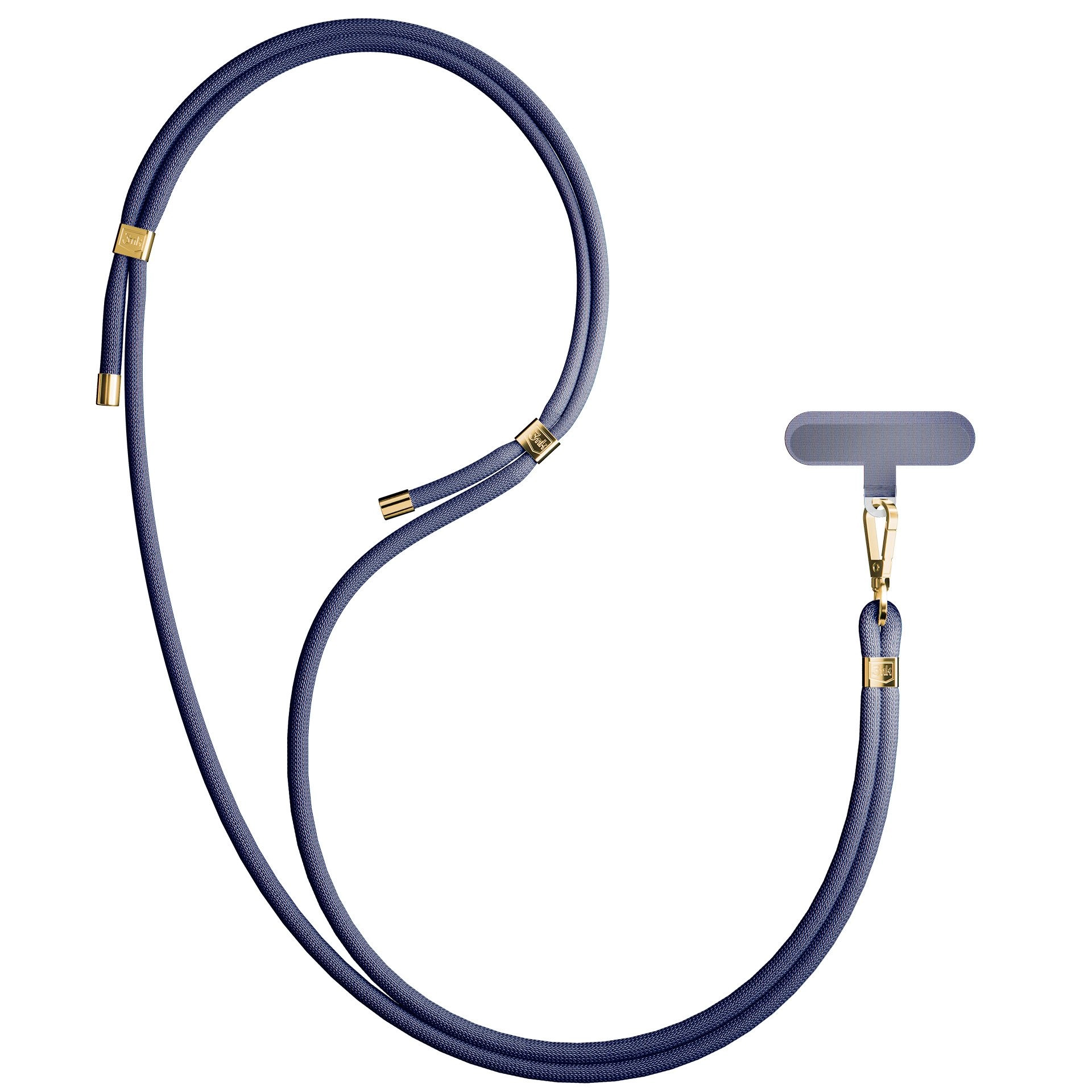Un cordino blu navy per telefono con dettagli dorati. Include un supporto per telefono e un fermaglio. Sfondo bianco.