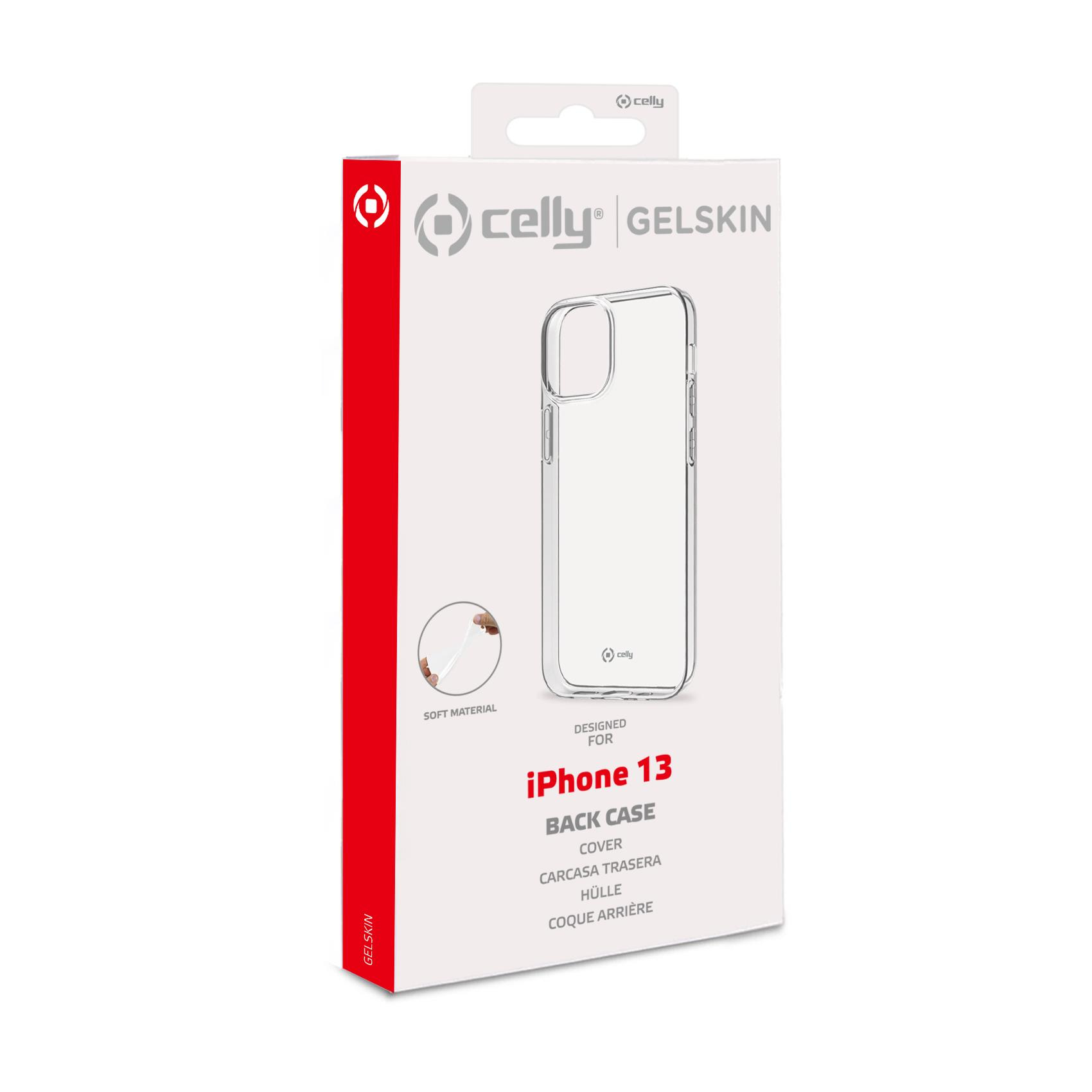 Una scatola per custodia del telefono con una custodia trasparente, lato rosso e logo 'Celly'.