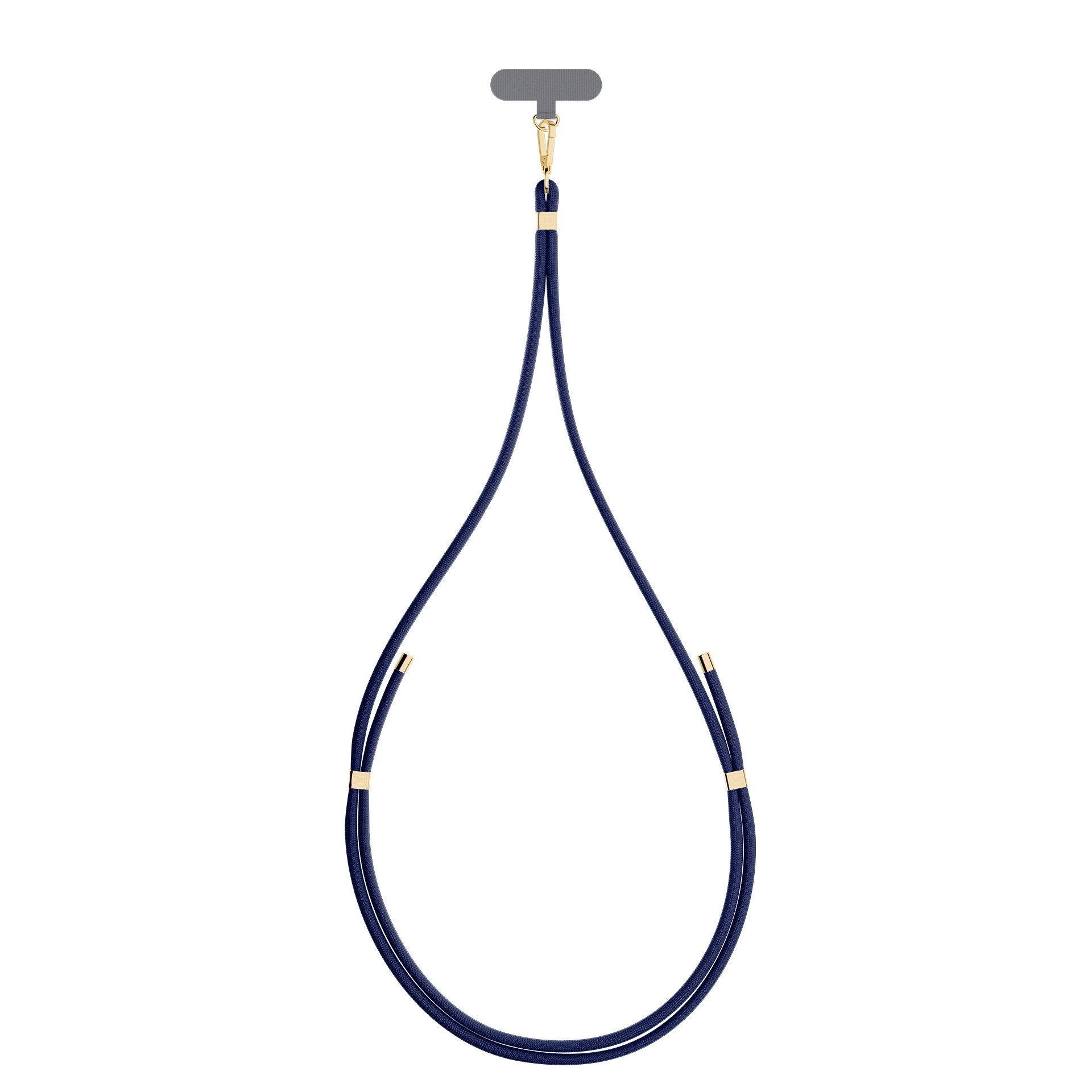 Un cordino per telefono blu navy con dettagli dorati. È appeso su uno sfondo bianco. Il cordino ha un supporto per telefono grigio.