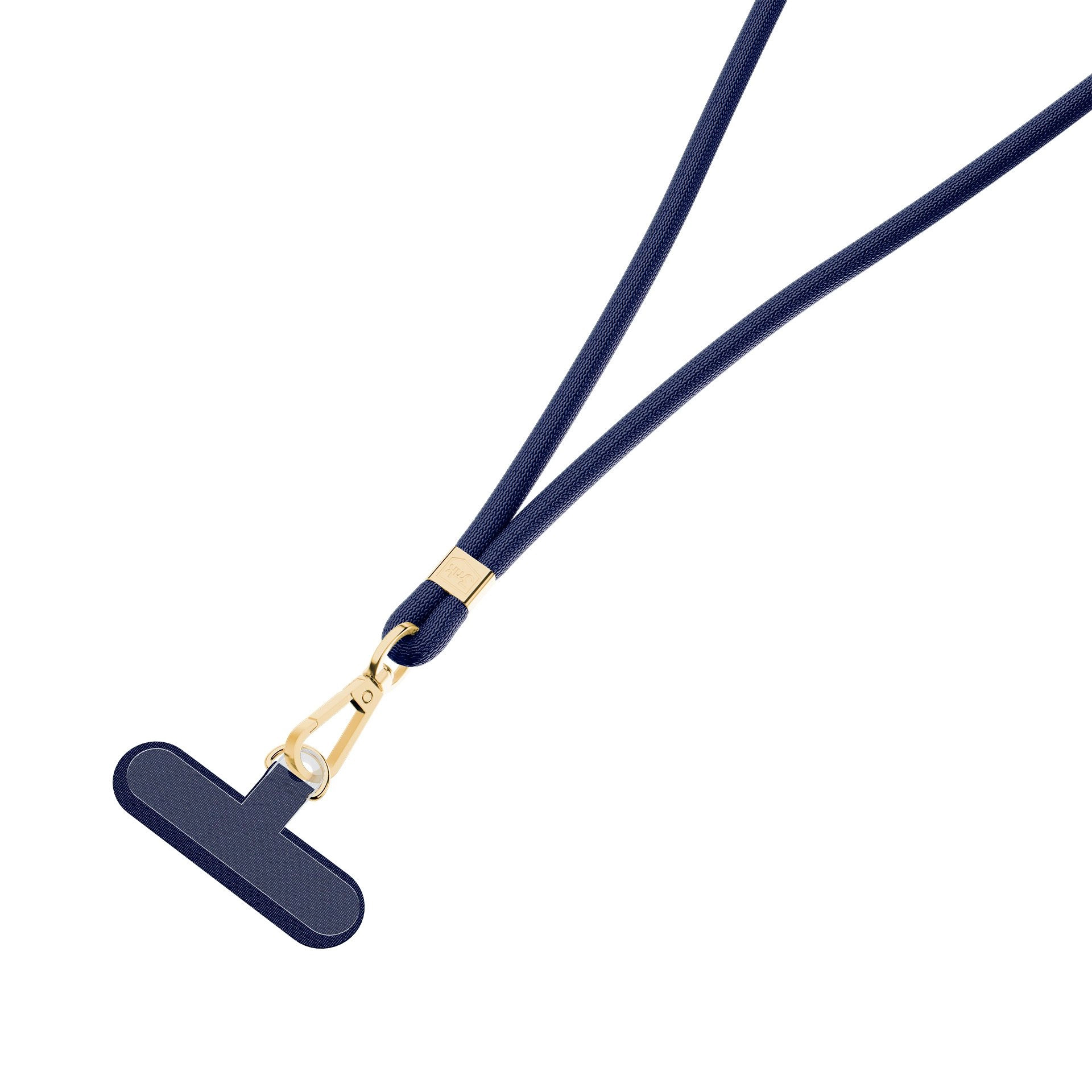 Un cordino per telefono blu navy con chiusura e hardware dorati è mostrato su sfondo bianco.