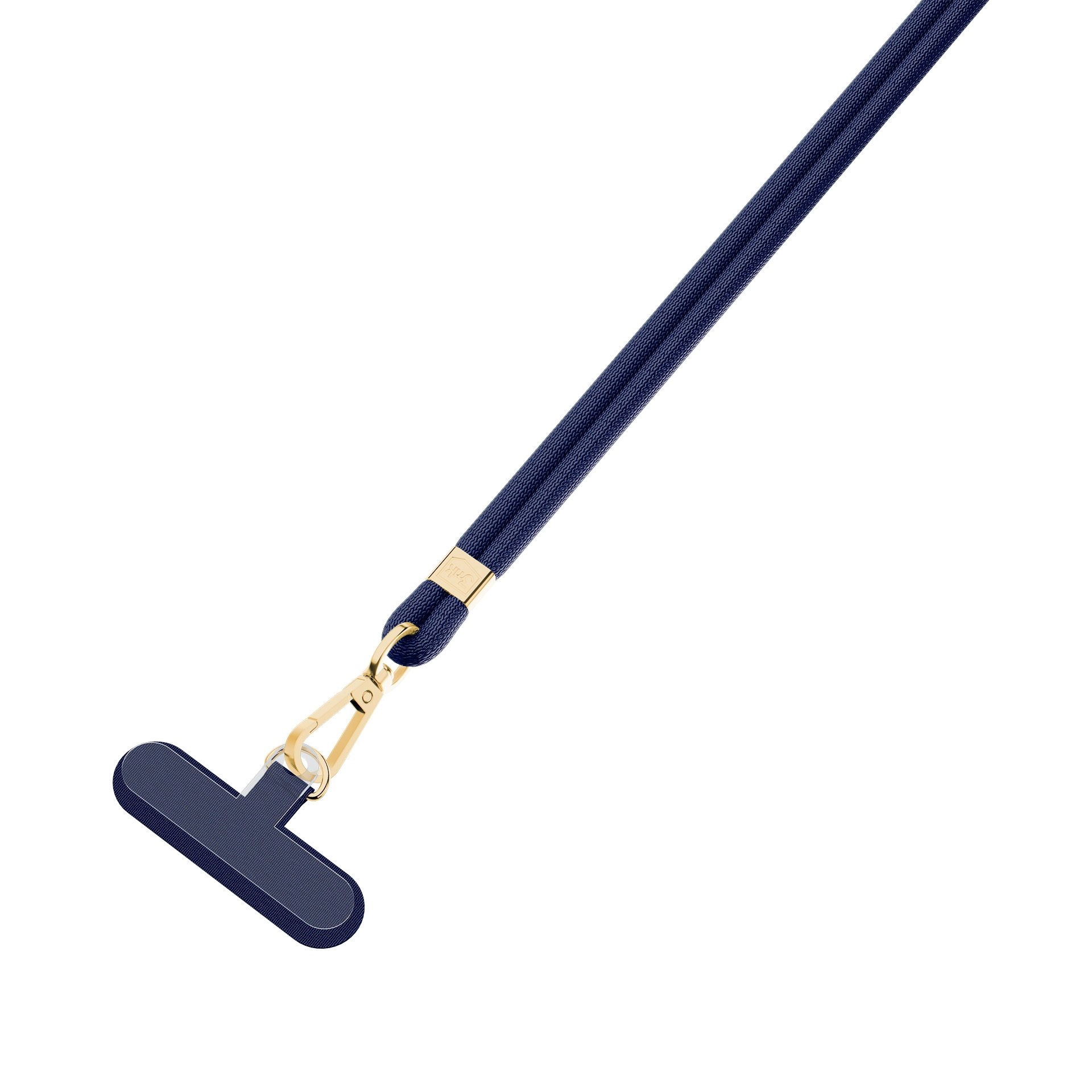 Un cordino per telefono blu navy con chiusura dorata e accessorio per telefono blu navy, su sfondo bianco.