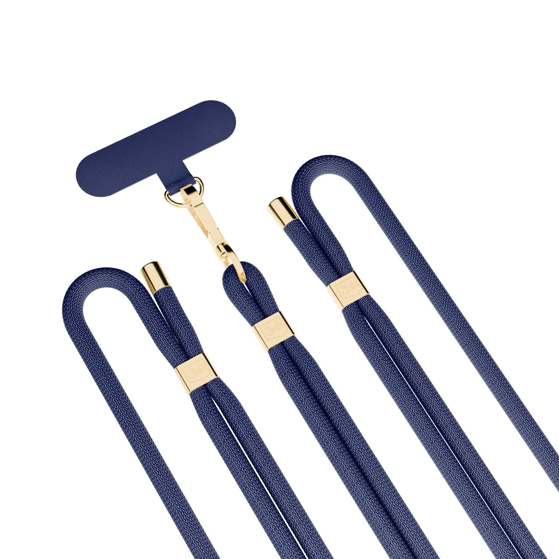 Un cinturino blu navy per telefono con dettagli dorati e linguetta in pelle blu navy. Il cinturino è su sfondo bianco.