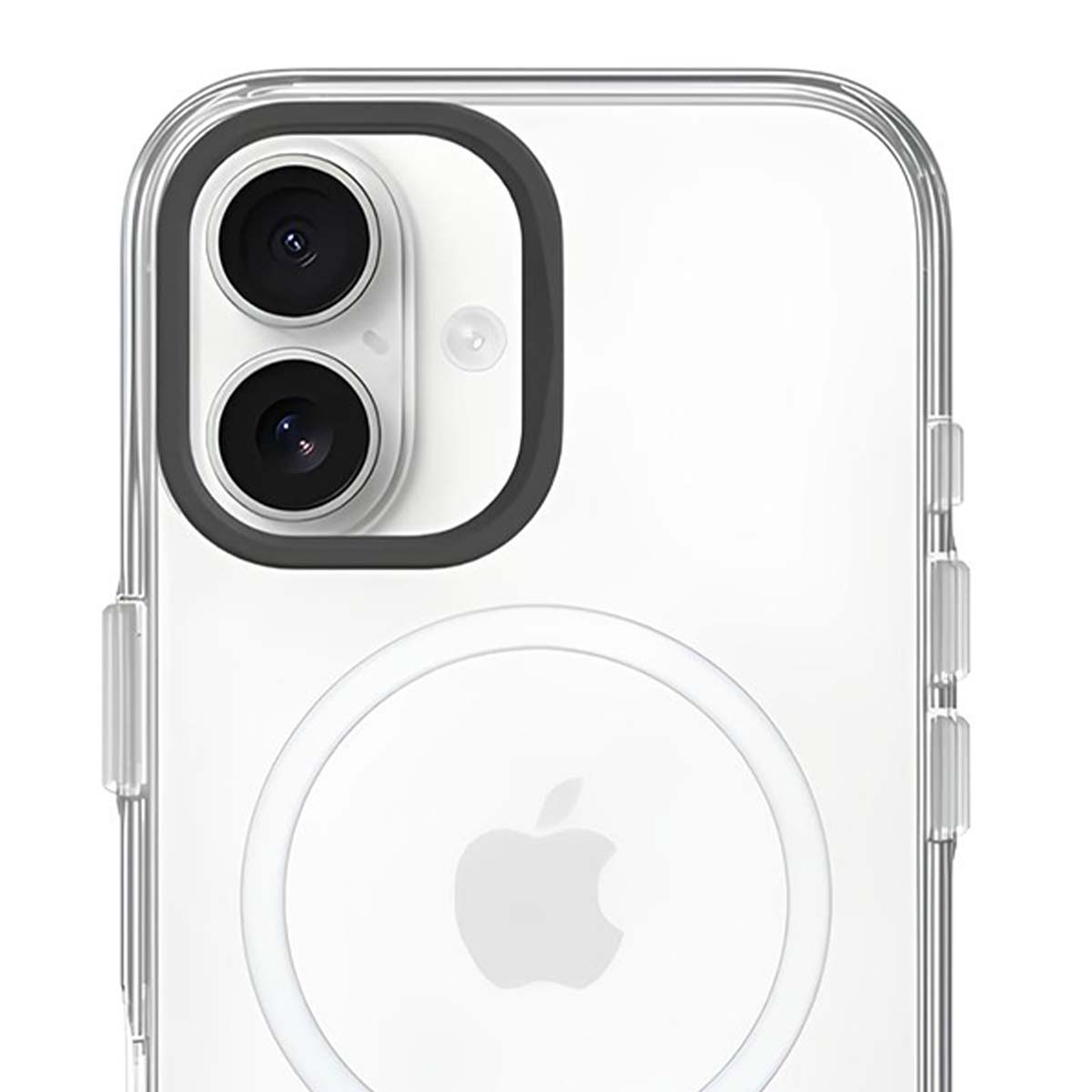 Gros plan sur une coque de téléphone. On voit la caméra du téléphone, la coque transparente et le logo Apple.