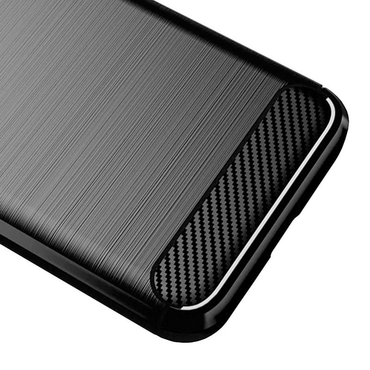 Primo piano di una custodia per telefono. La custodia ha una trama in metallo spazzolato, con un inserto in fibra di carbonio e cornice nera.