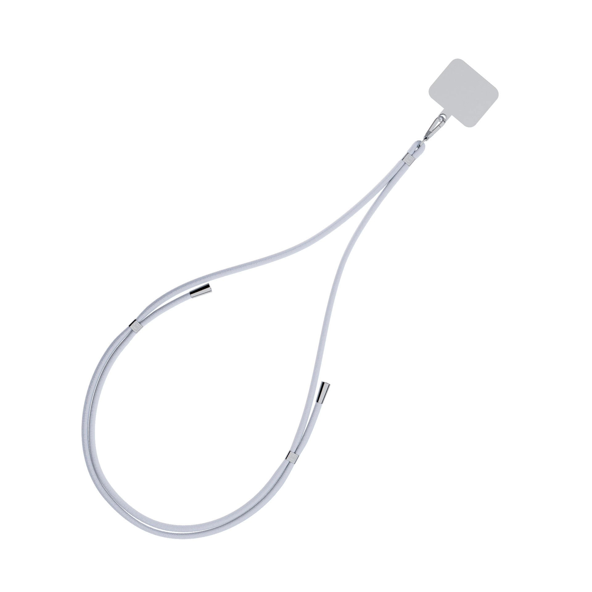 Un cordino bianco per telefono con un supporto grigio per telefono e un fermaglio in metallo su sfondo bianco.