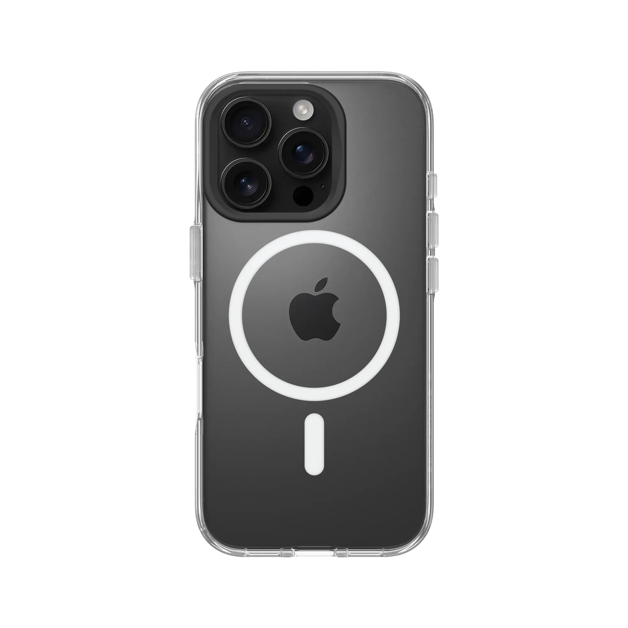 Coque iPhone transparente, MagSafe, avec logo Apple noir dans un cercle blanc et trois lentilles de caméra.