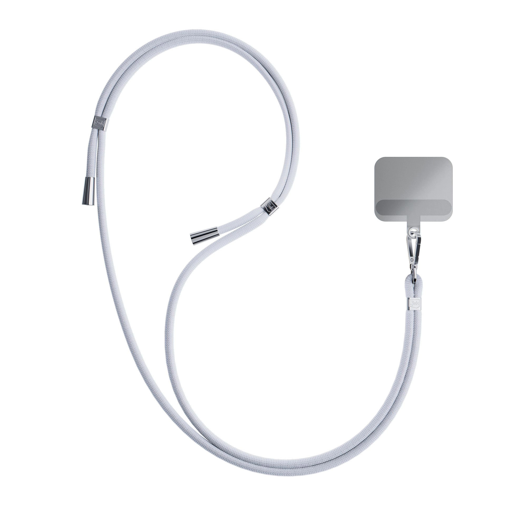 Un cordino bianco per telefono con dettagli in metallo argentato e un supporto rettangolare per telefono, il tutto su sfondo bianco.