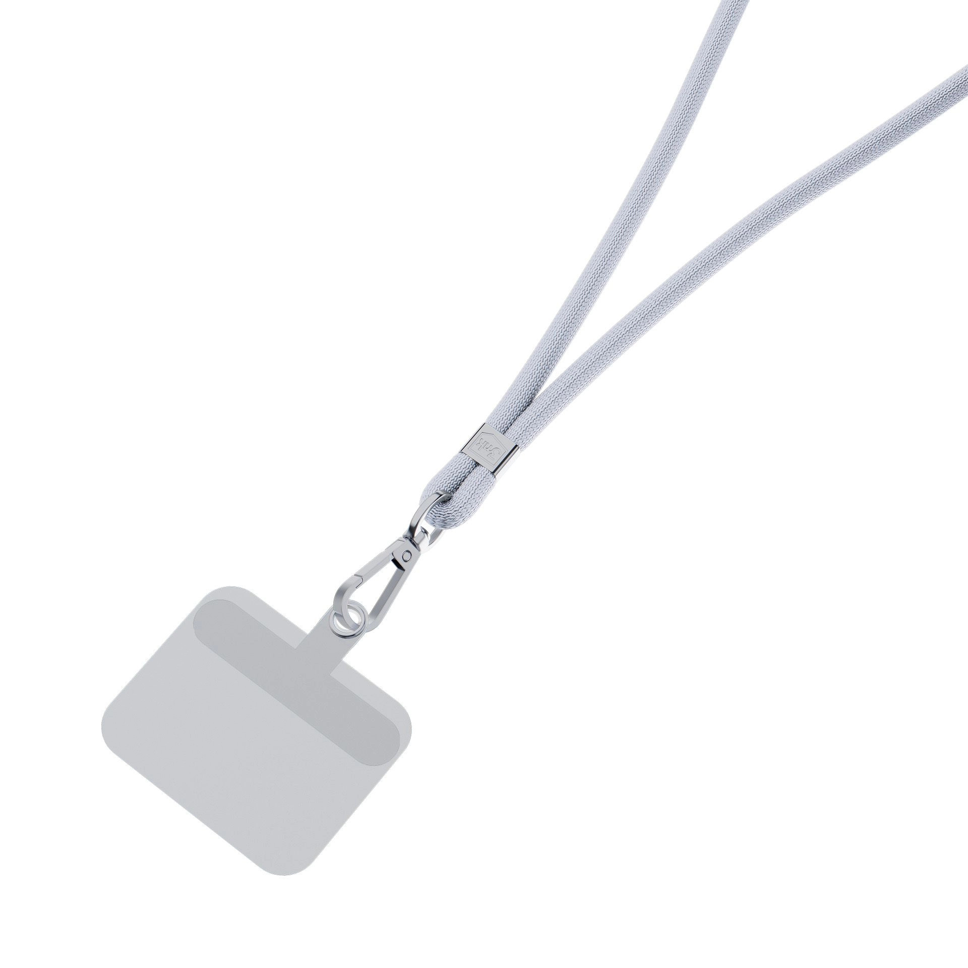 Un cordino grigio per telefono con un supporto grigio per telefono, tutto su sfondo bianco.