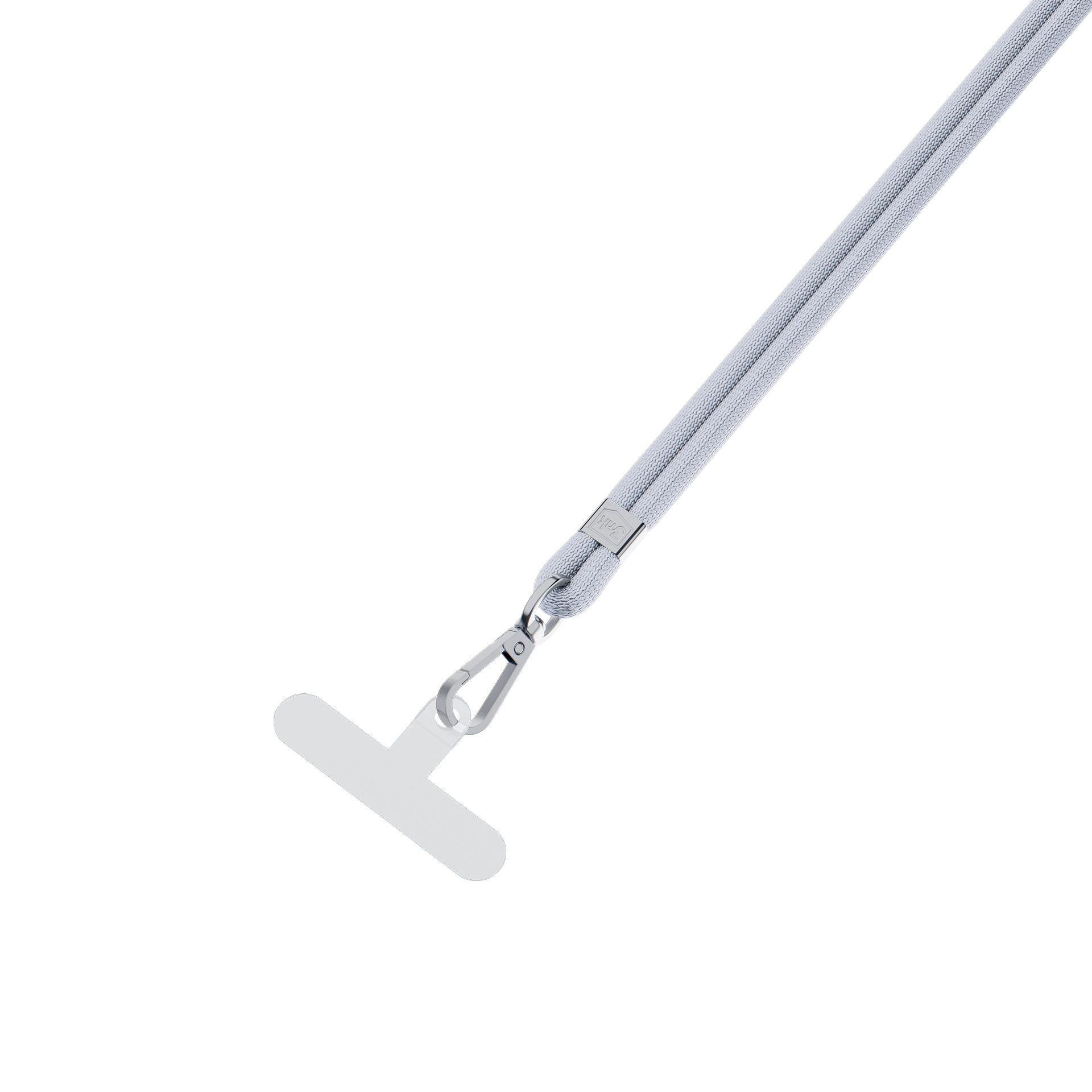 Un cordino per telefono grigio chiaro con chiusura in metallo e supporto bianco per telefono su sfondo bianco.