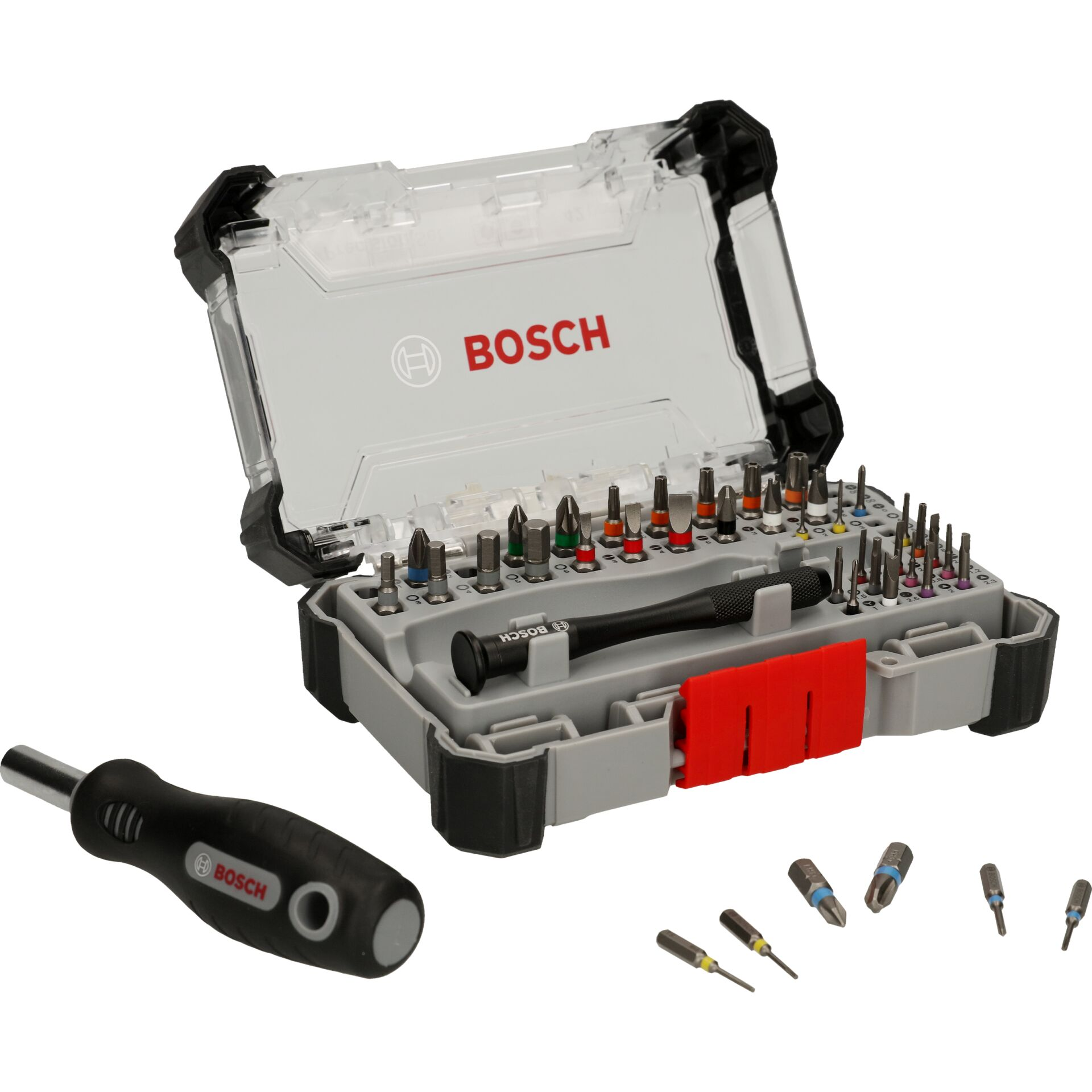 Bosch Schraubendreher-Set. Koffer mit Bits, Schraubendrehergriff und losen Bits. Grau, Schwarz, Rot und klarer Kunststoff.