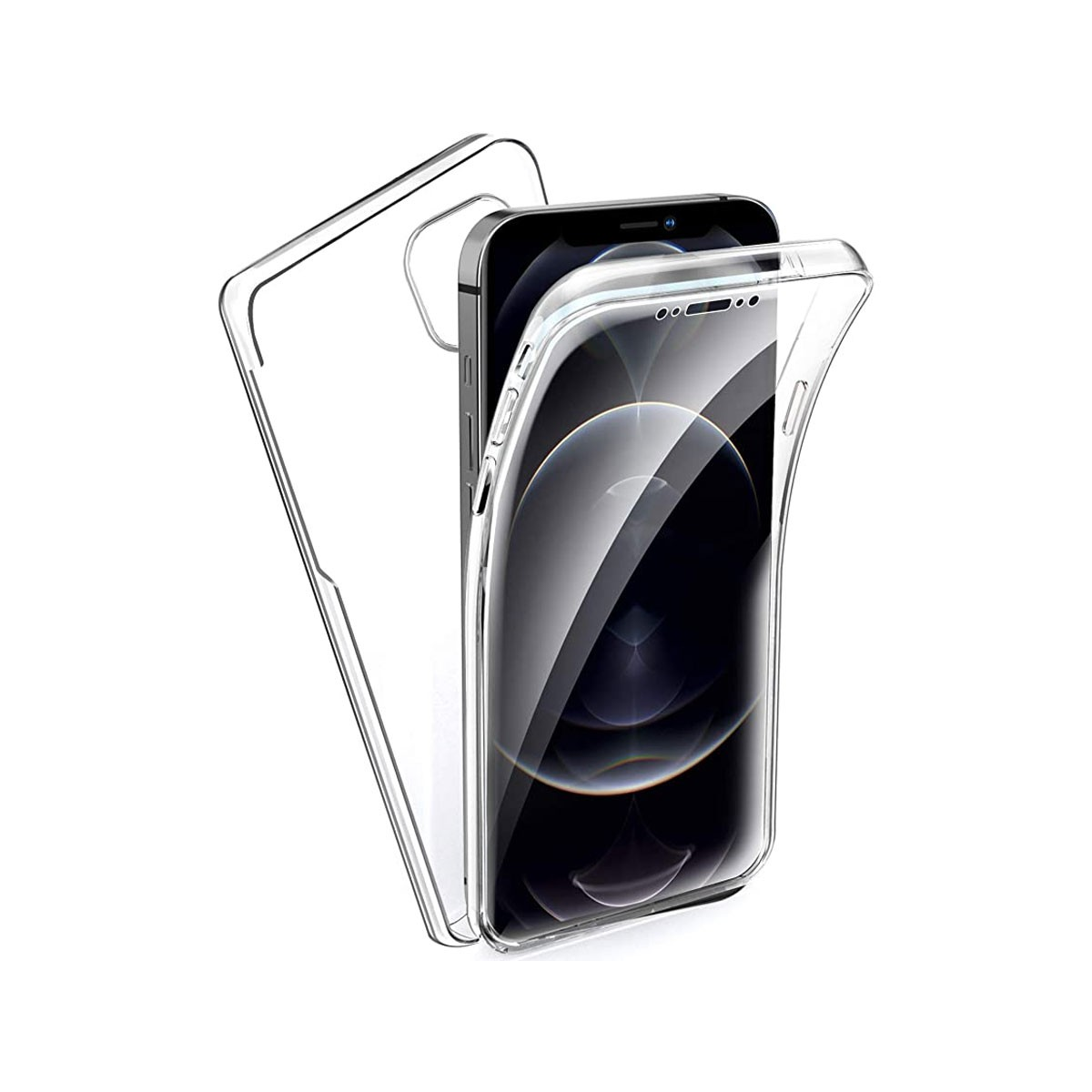 Una custodia trasparente per iPhone è parzialmente aperta, rivelando il telefono. La custodia e il telefono sono su sfondo bianco.