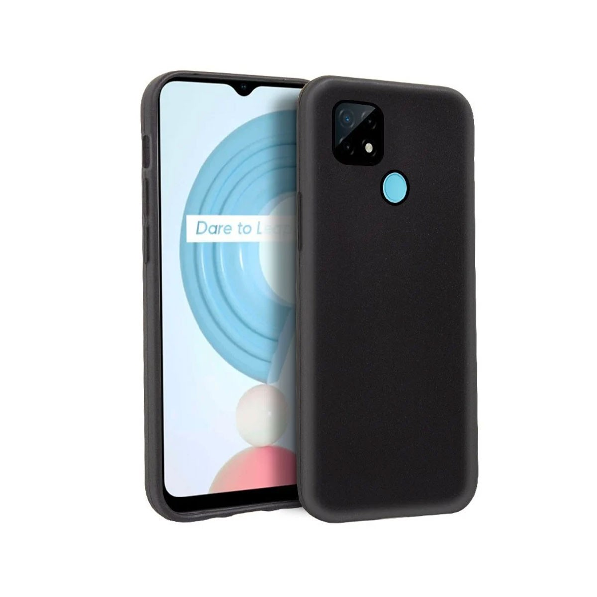 Una custodia nera per telefono accanto a un telefono con schermo che mostra un design blu e bianco. La custodia ha una fotocamera e un pulsante.