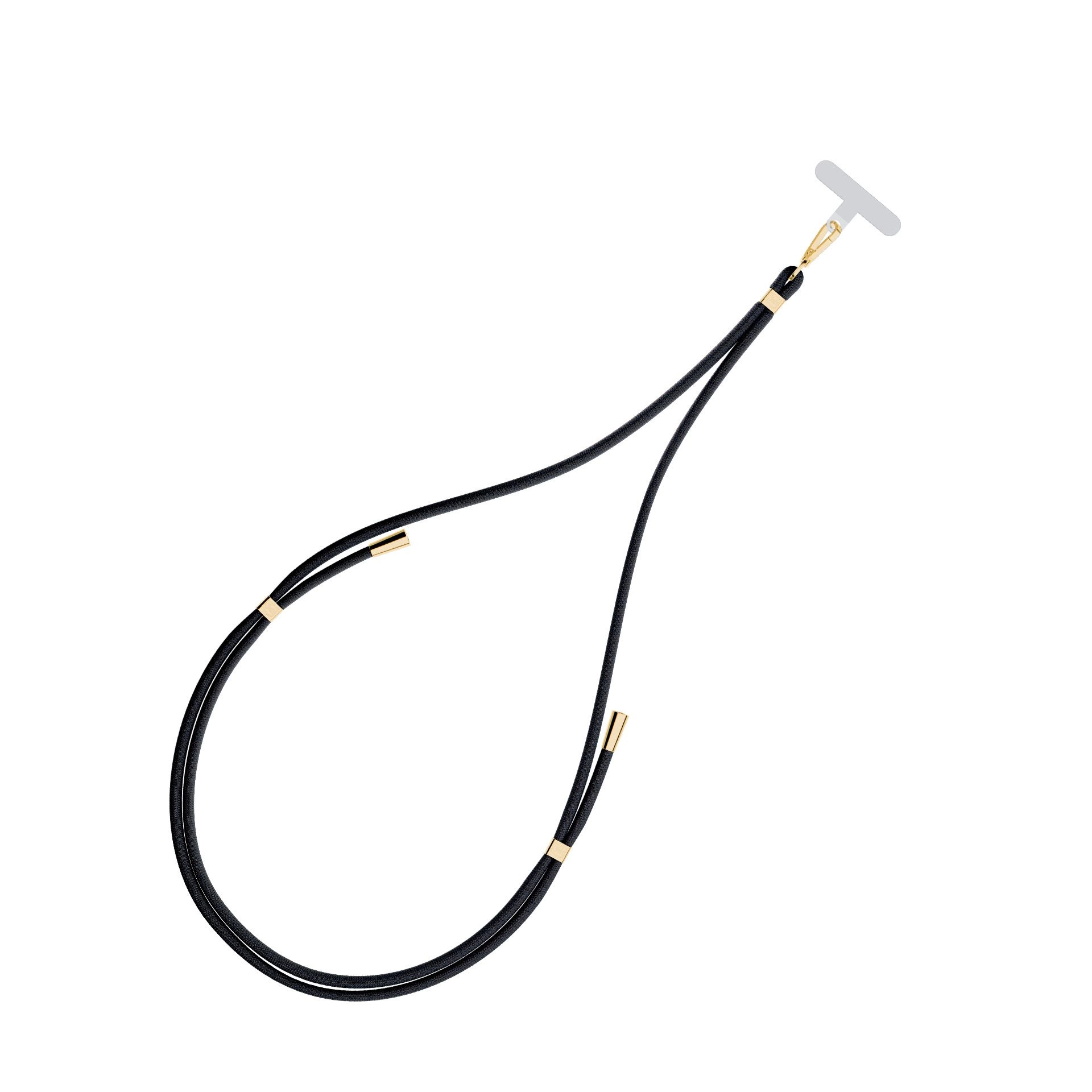 Lanyard nero per telefono con dettagli dorati. Ha un attacco per telefono a forma di T e dettagli dorati.