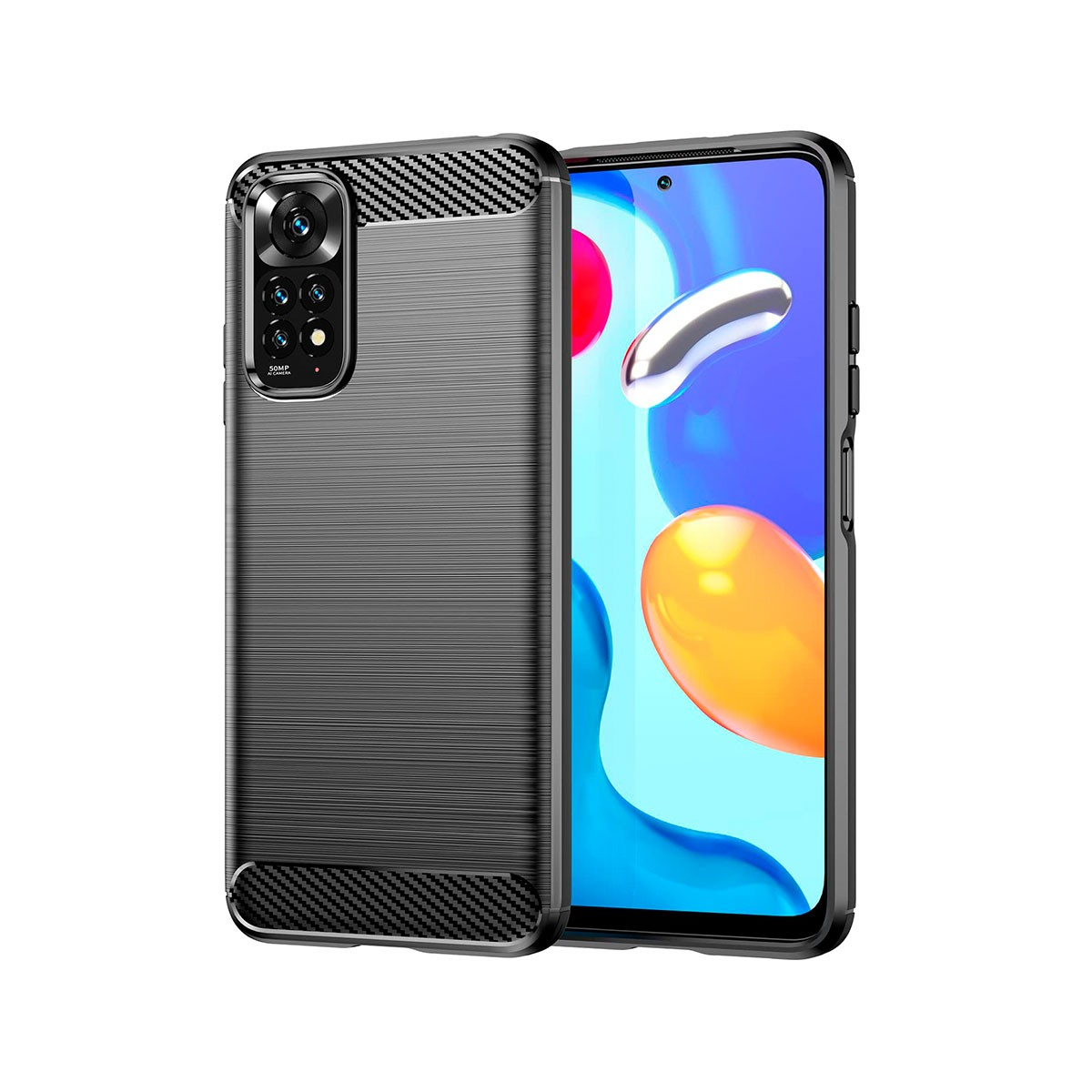 Uno smartphone in una custodia grigia. Lo schermo mostra forme colorate. La custodia ha un design in fibra di carbonio.