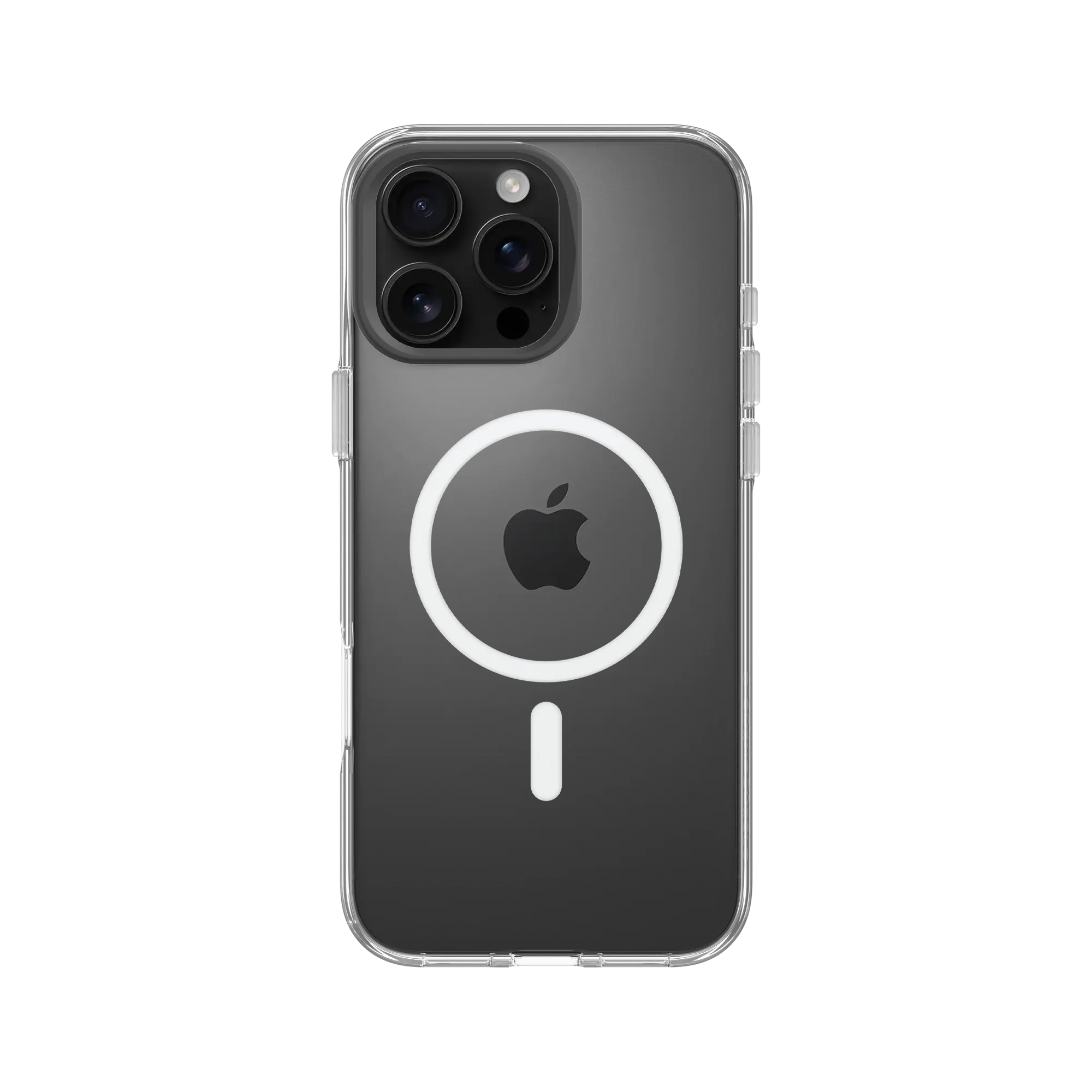 Coque transparente pour iPhone avec téléphone noir. Montre les caméras, le logo Apple et le contour du cercle blanc.