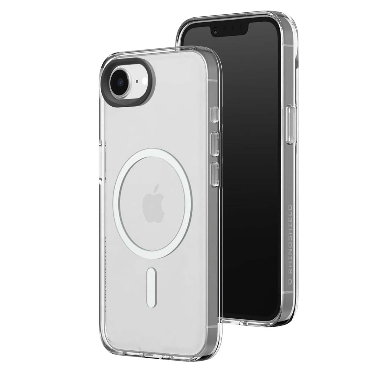 Coque de téléphone transparente avec un logo Apple sur un téléphone noir. La coque est transparente. Le téléphone est en arrière-plan.