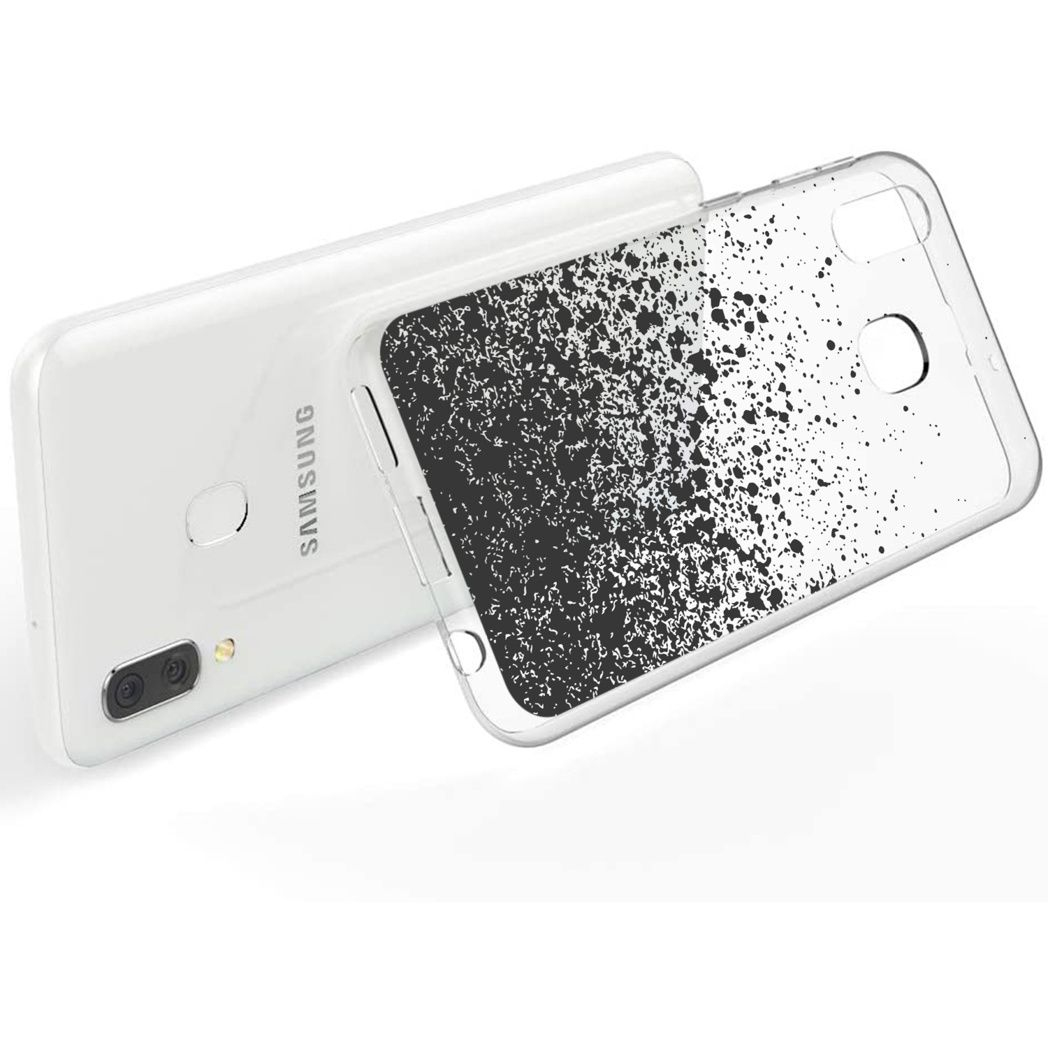 Ein weißes Samsung-Telefon mit einer transparenten Handyhülle. Die Hülle hat ein schwarzes, gesprenkeltes Design und ist vom Telefon getrennt.