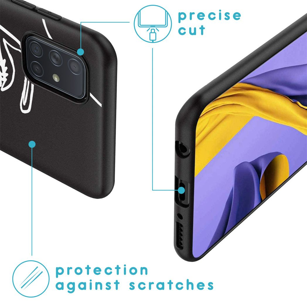 Custodia nera con design bianco, mostra taglio preciso e protezione dai graffi. Schermo del telefono giallo e viola.