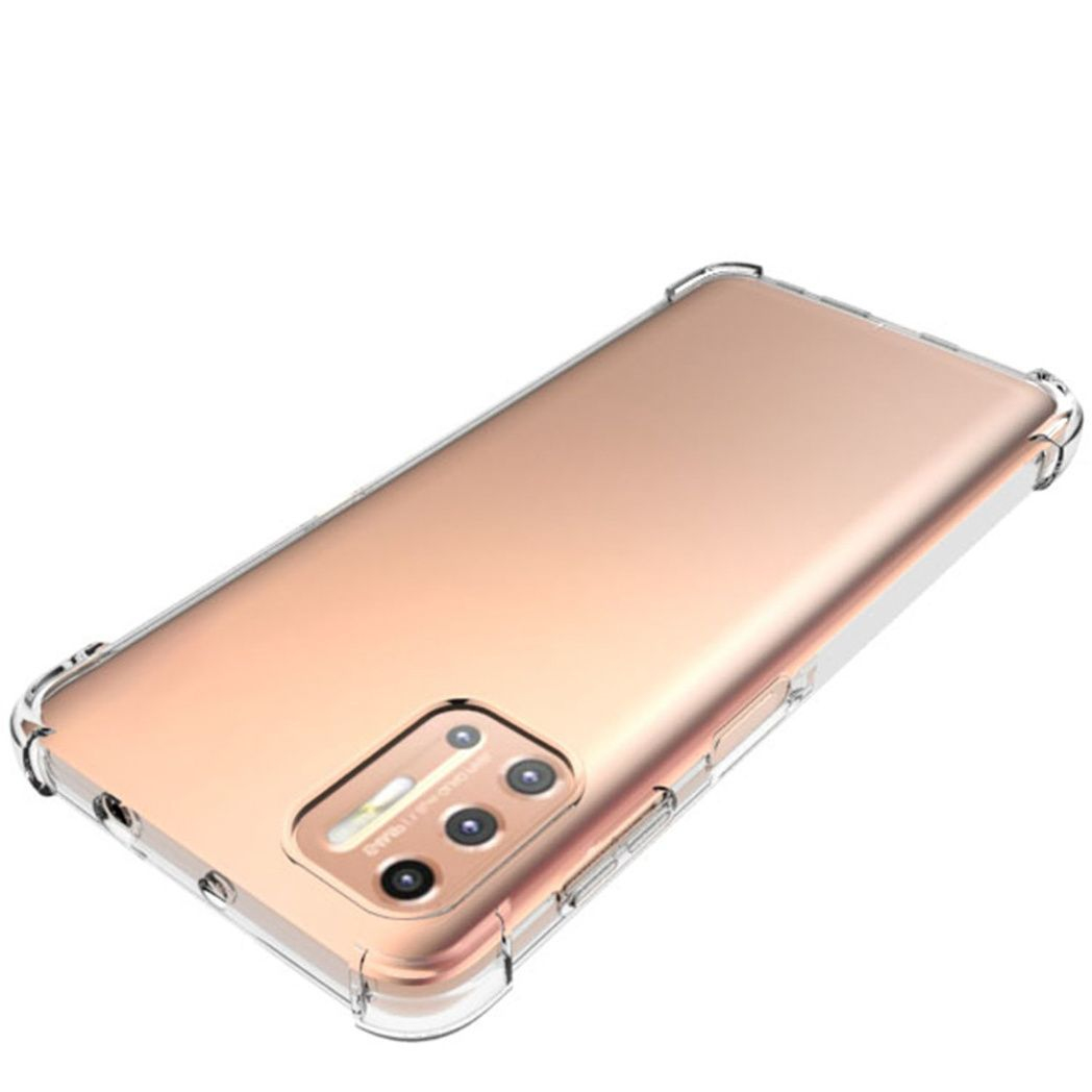 Una custodia protettiva trasparente con un telefono color oro rosa all'interno. La custodia ha un bordo trasparente e un ritaglio per la fotocamera.