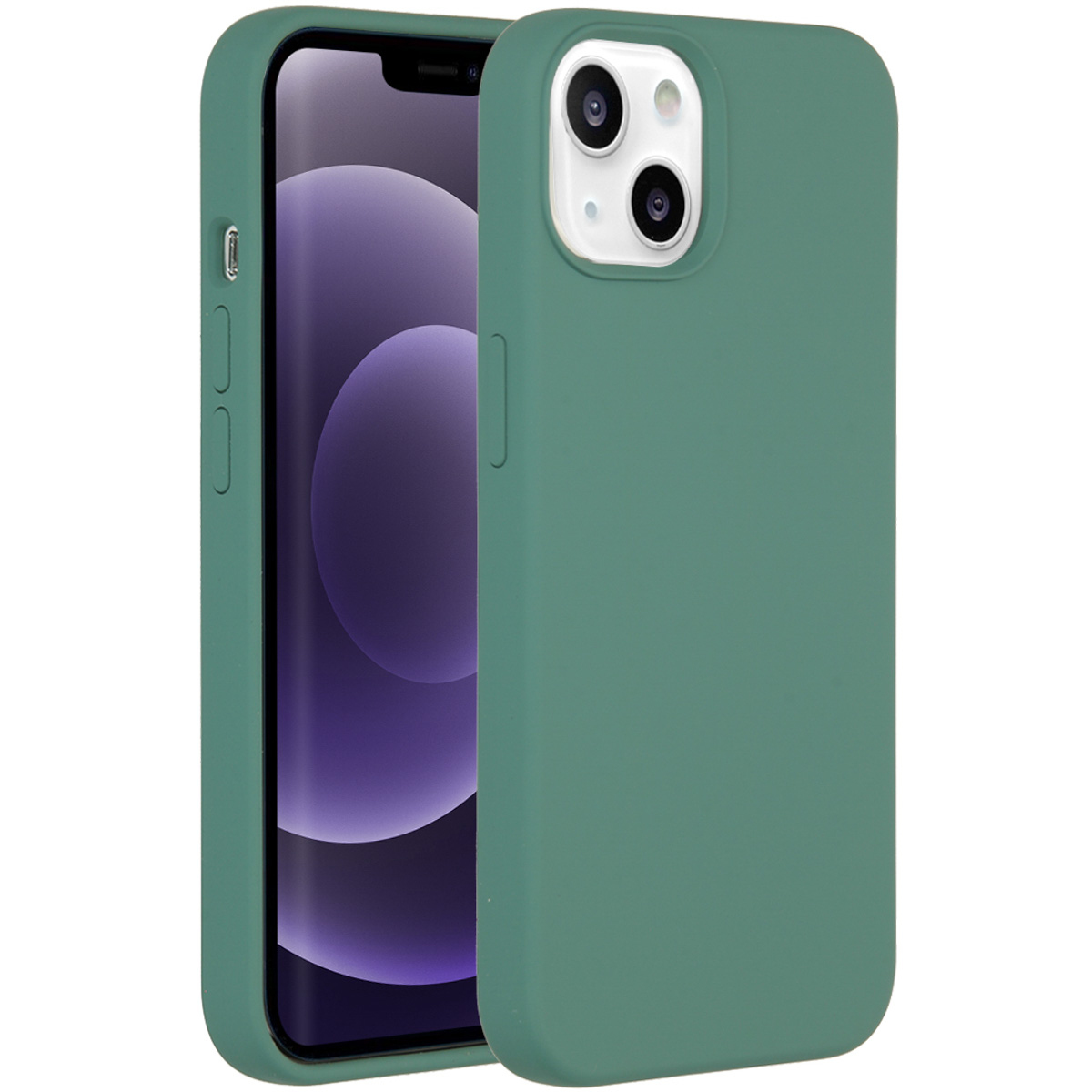 Groene telefoonhoes met telefoon erin. Het scherm is paars. De hoes heeft camera-uitsparingen en knoppen.