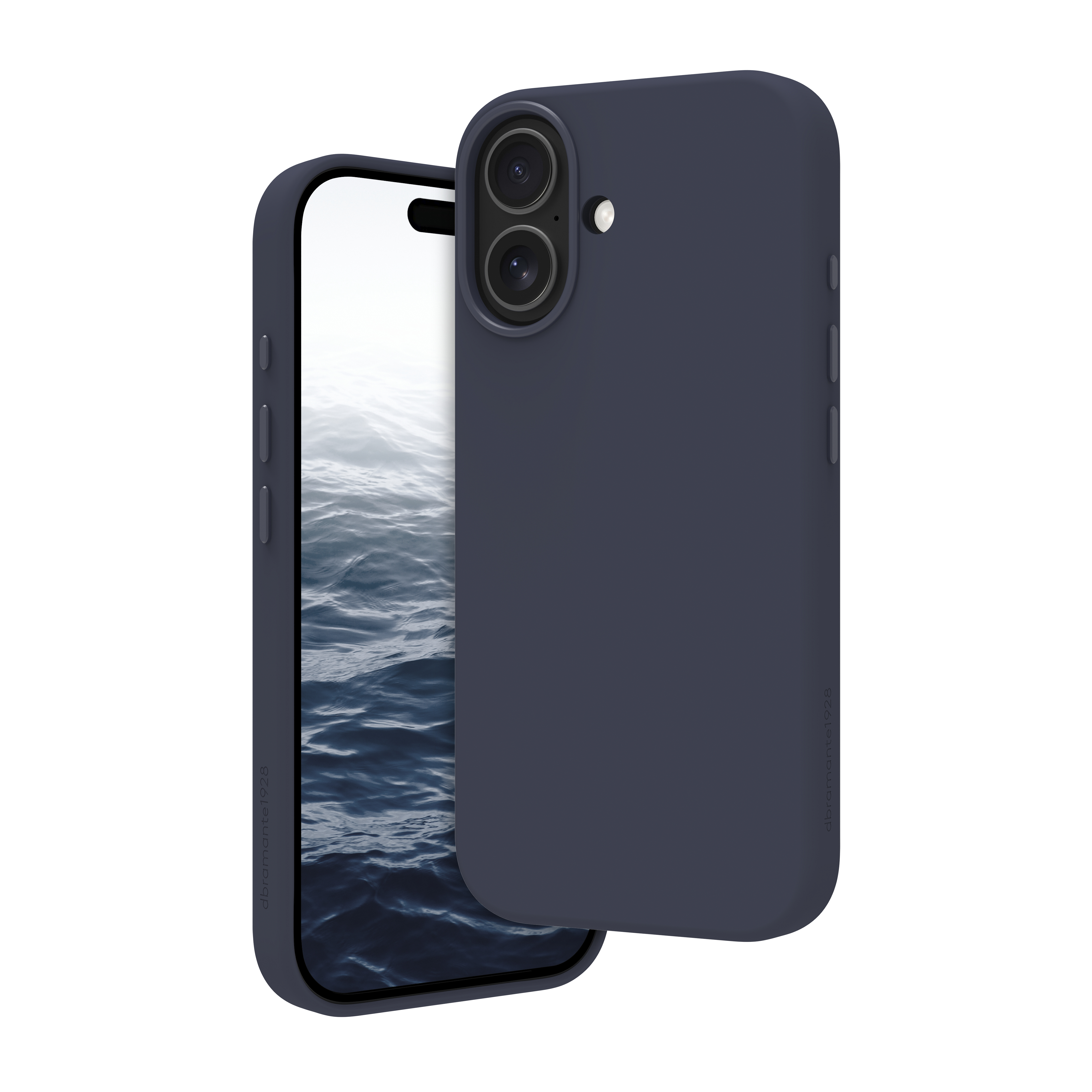 Custodia per telefono blu scuro su sfondo bianco. Il telefono è visibile con sfondo a tema acqua.