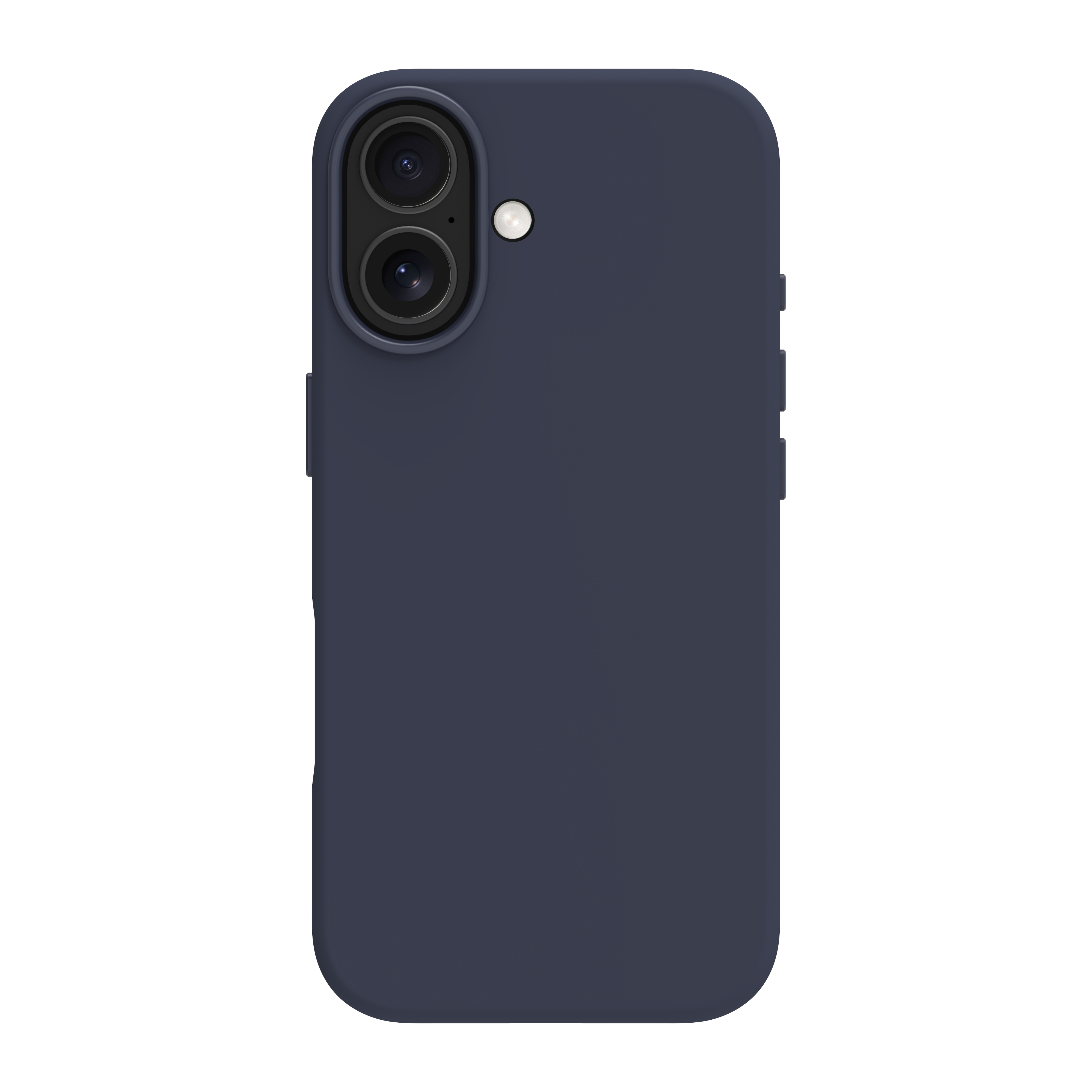 Una custodia per telefono blu navy. Ha una doppia fotocamera, un flash e pulsanti sul lato destro. Lo sfondo è bianco.